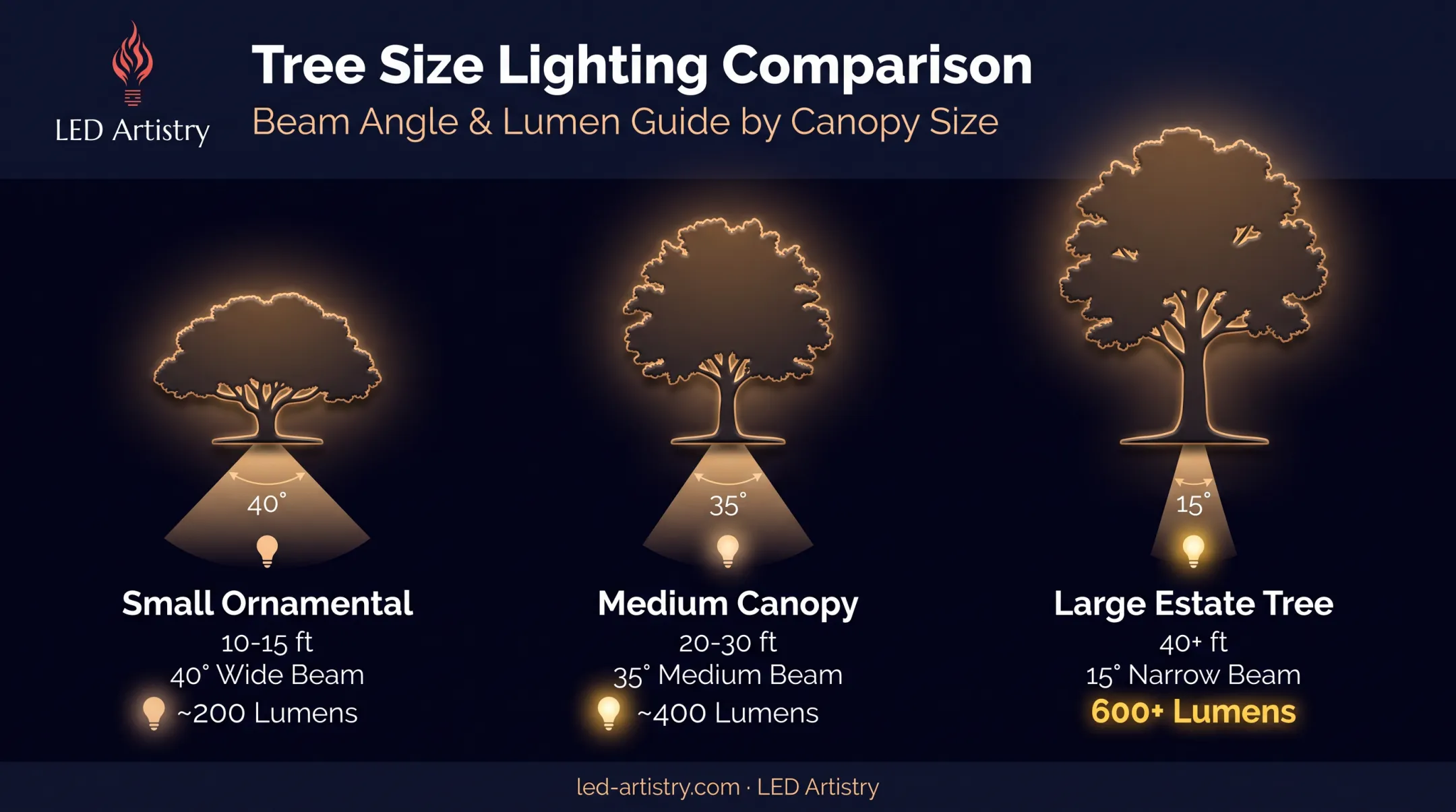 Tree size beam angle and lumens comparison chart for uplighting fixtures