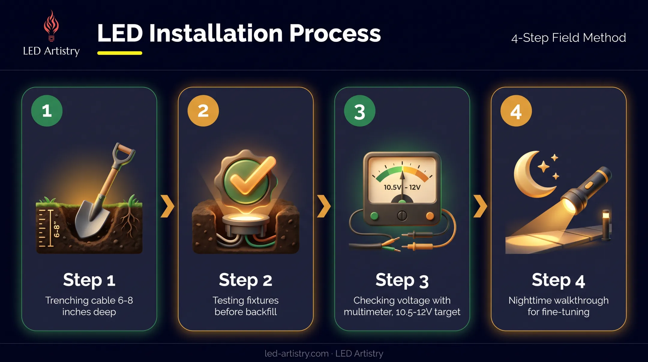 Four-step tree uplighting installation process from trenching to final walkthrough