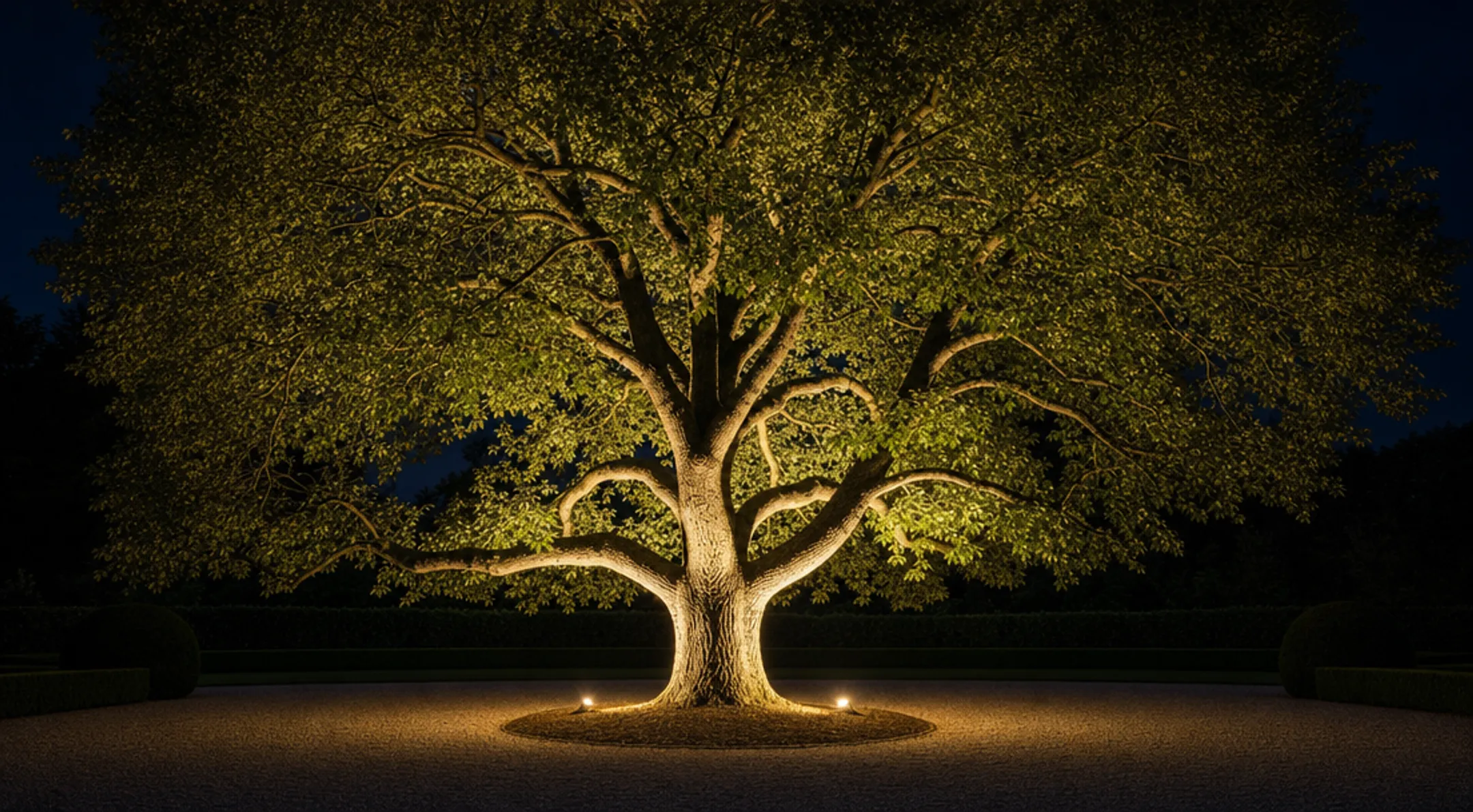 Mature live oak tree illuminated with dramatic ground-level uplighting at night