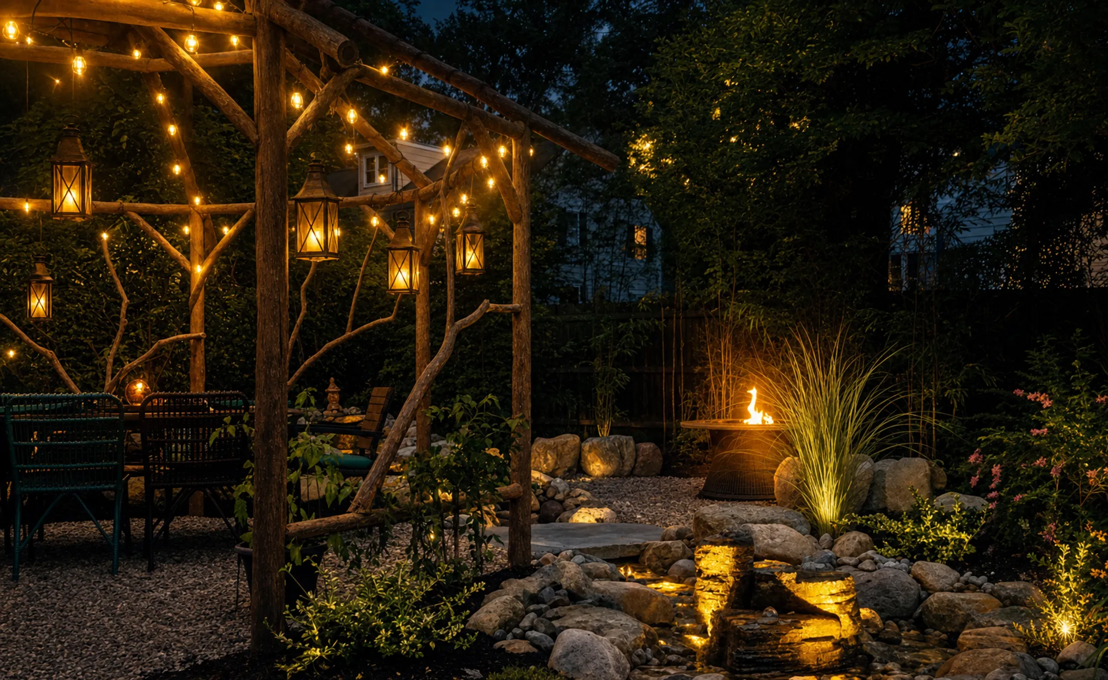 Warm string lights and lanterns illuminating outdoor gazebo at night
