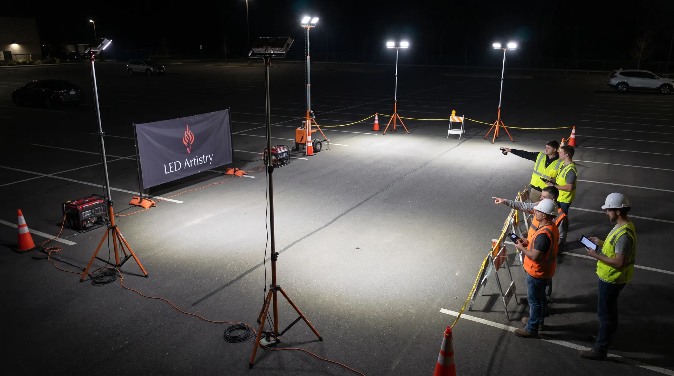 Nighttime lighting demo with temporary fixtures at commercial parking lot