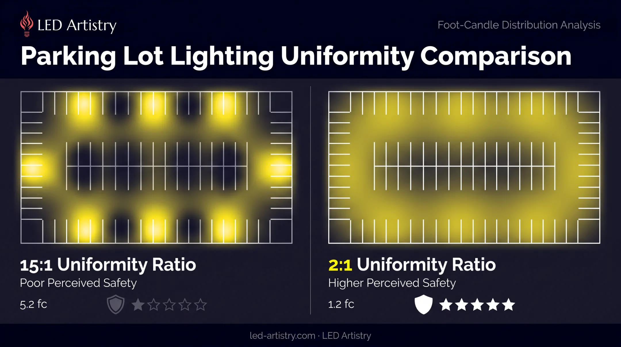 Parking lot uniformity ratio comparison showing dark spots versus even lighting coverage