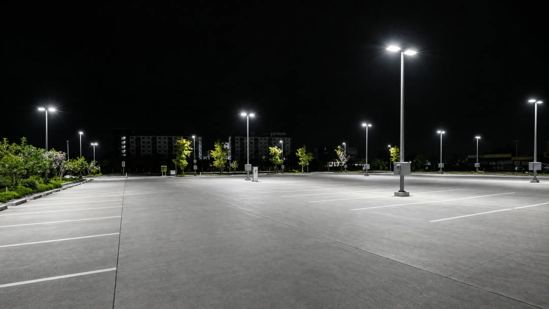 LED parking lot fixtures installed on poles at commercial property at night
