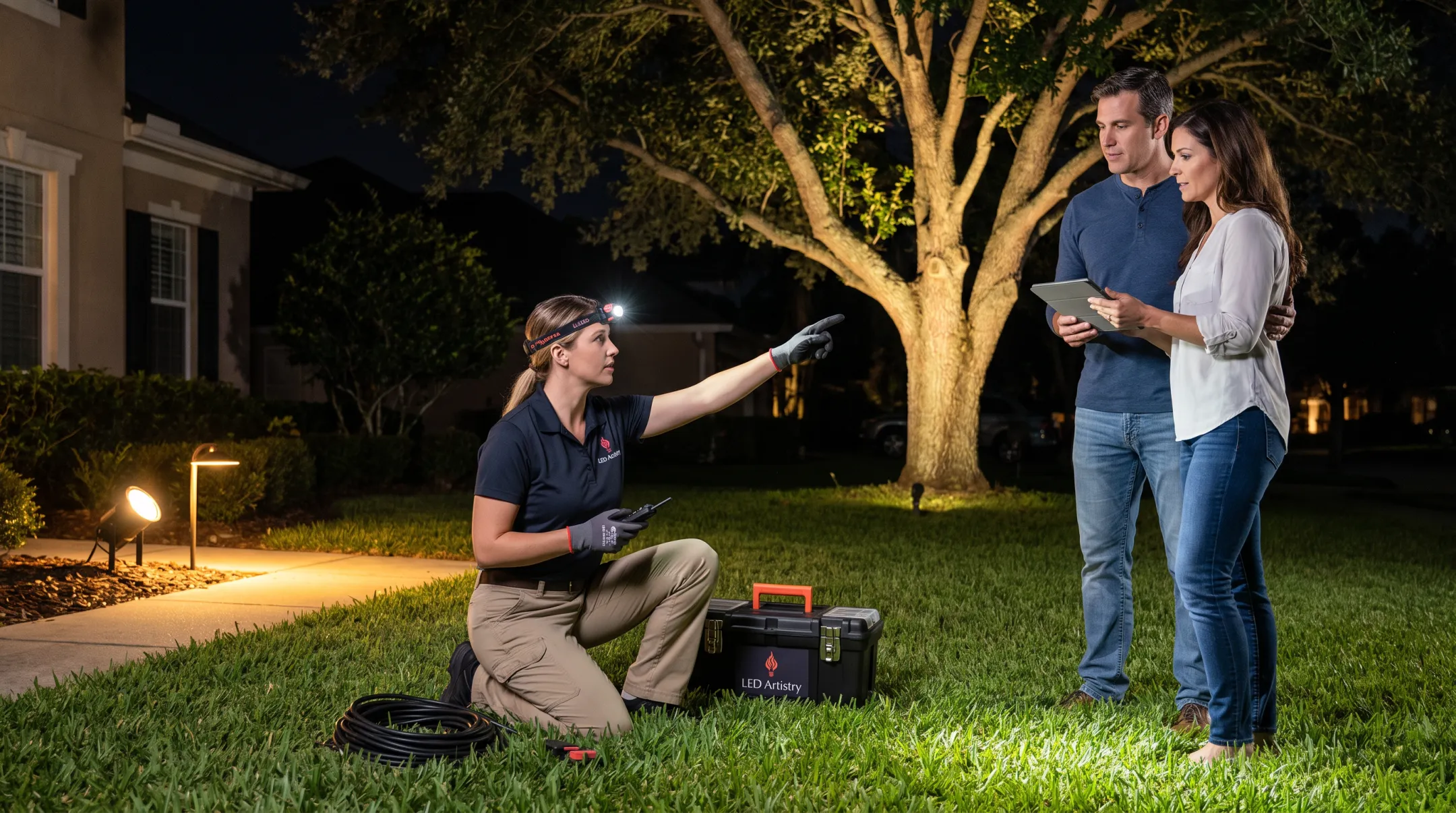 LED Artistry technician performing nighttime lighting demonstration on residential property