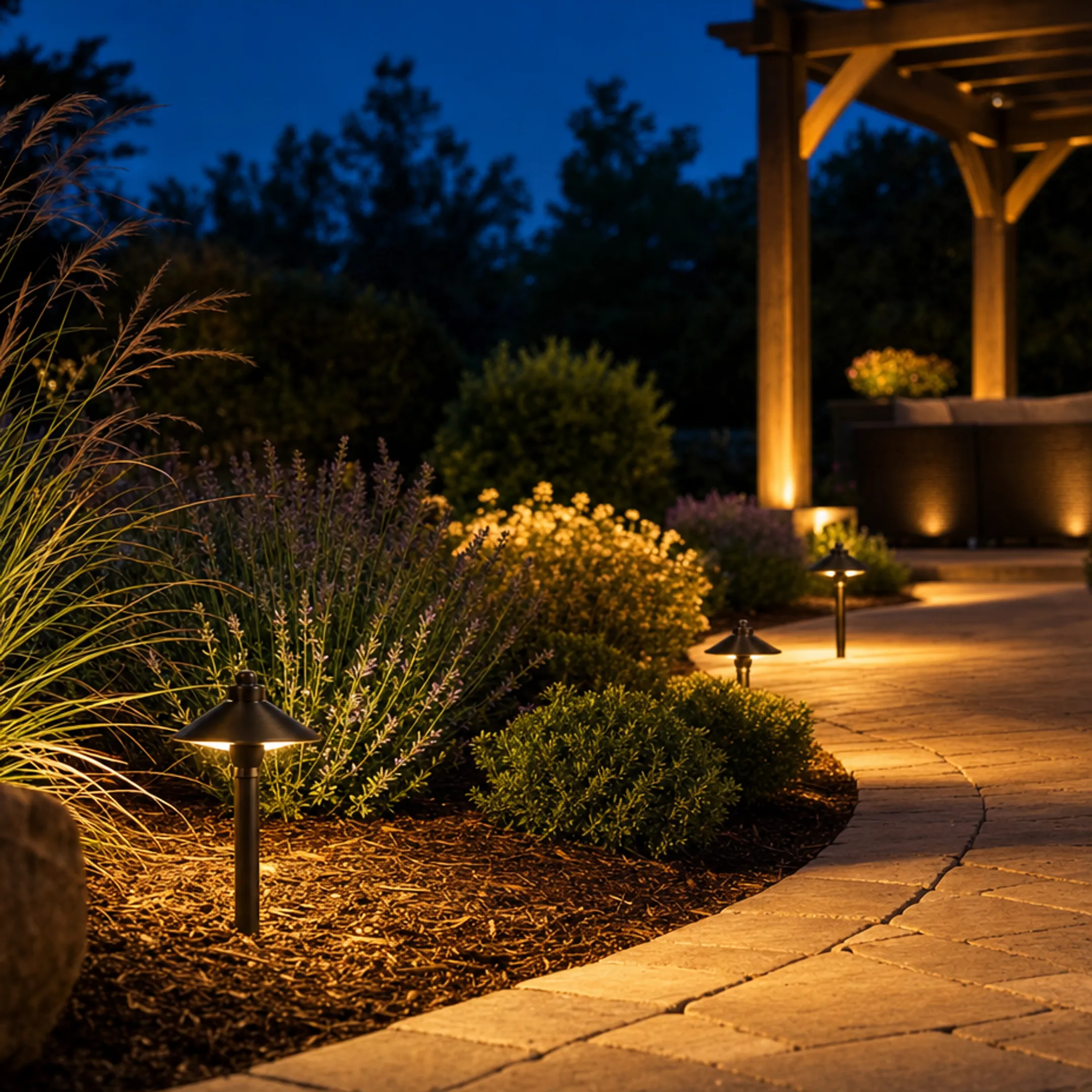 Low-voltage LED landscape lighting illuminating pathway and garden at dusk
