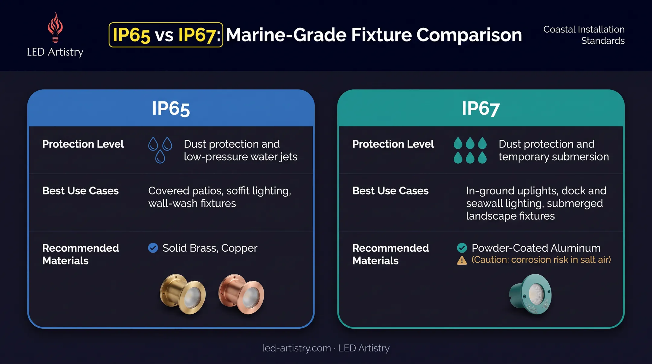 IP65 versus IP67 rated fixture comparison for coastal outdoor kitchens