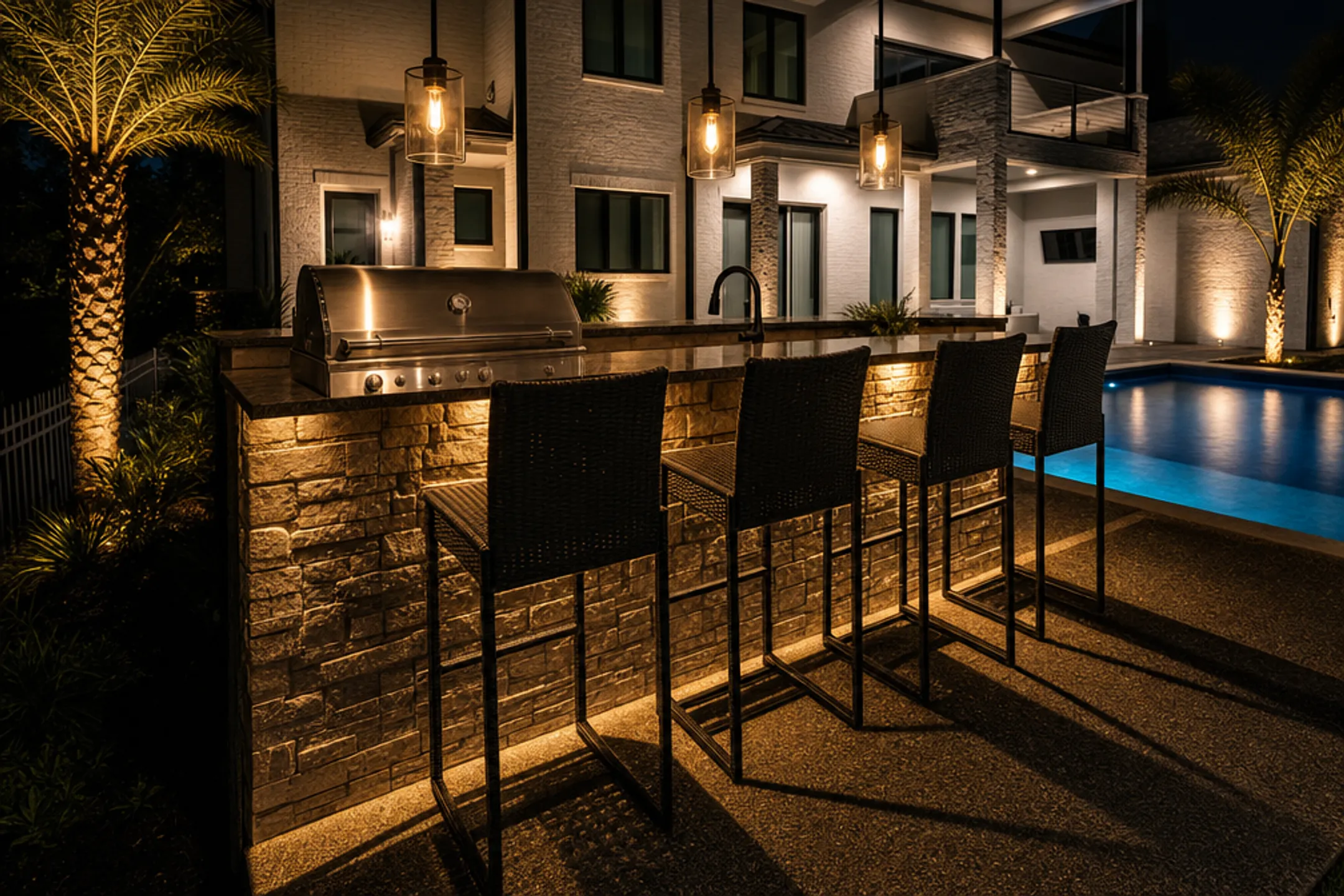 Outdoor kitchen island with warm ambient and accent lighting at night