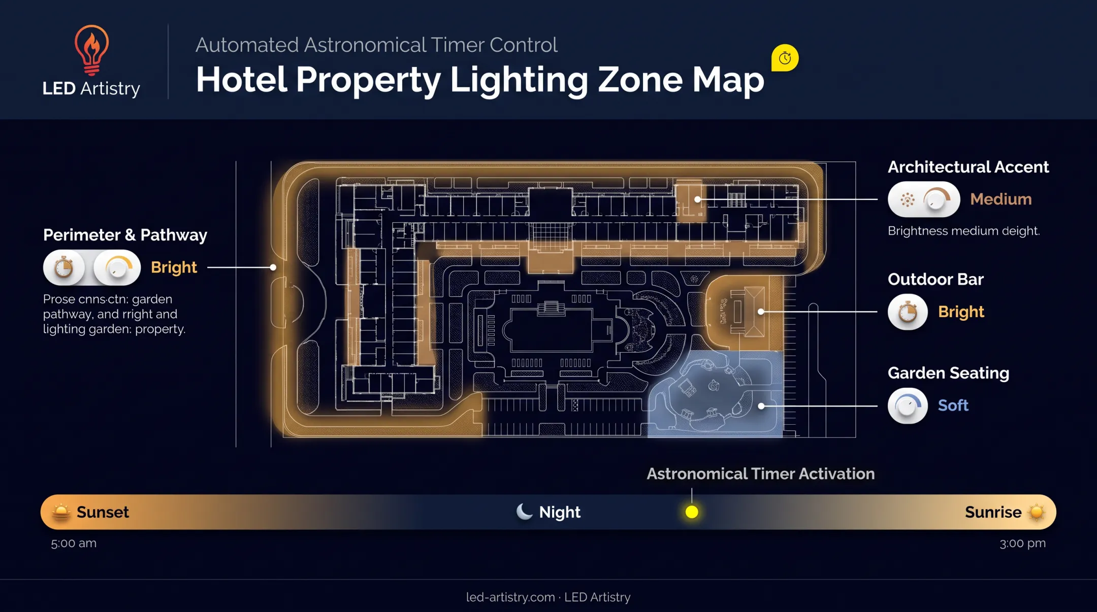 Smart lighting zone dimming and astronomical timer control diagram for hotels