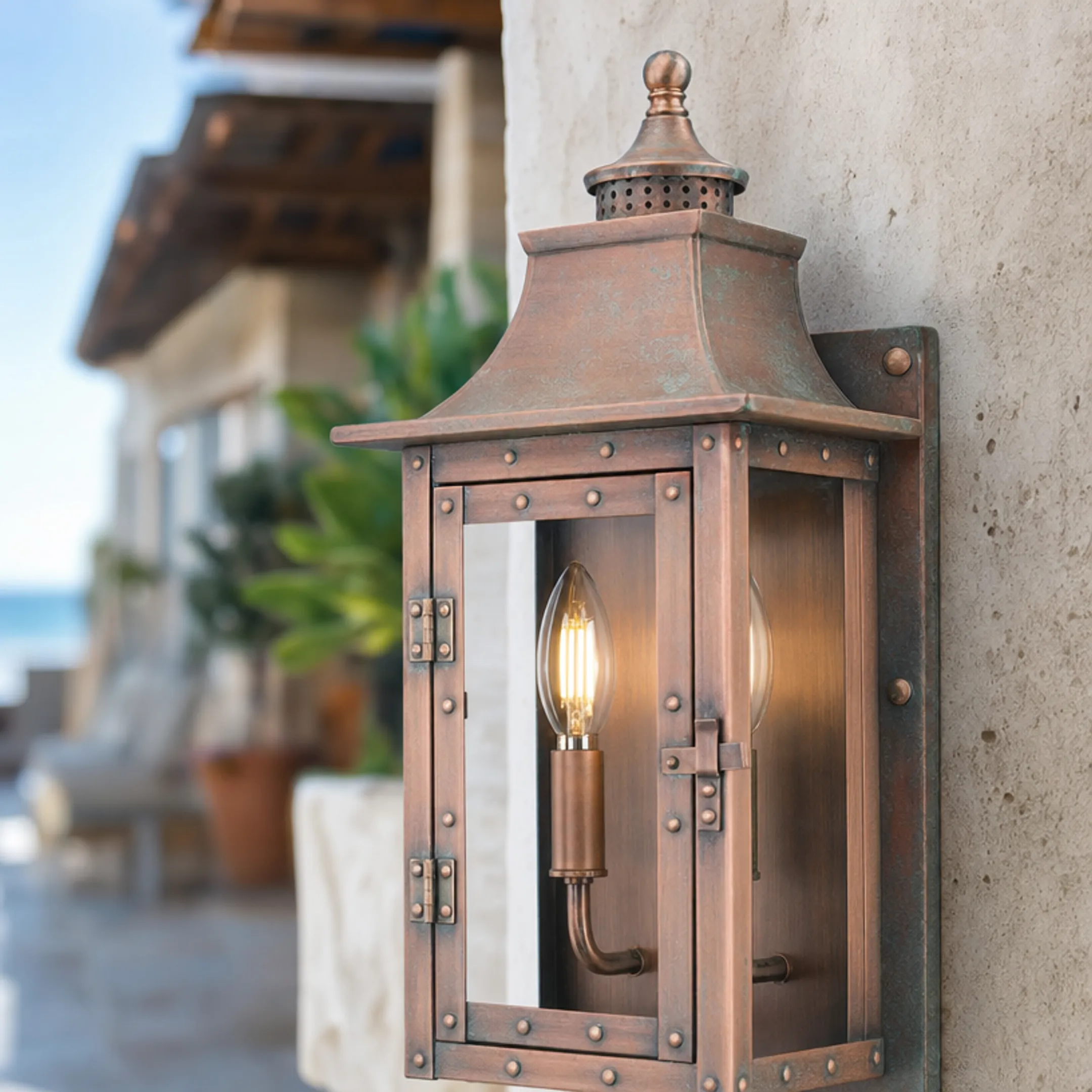 Marine-grade brass outdoor light fixture resistant to salt air corrosion