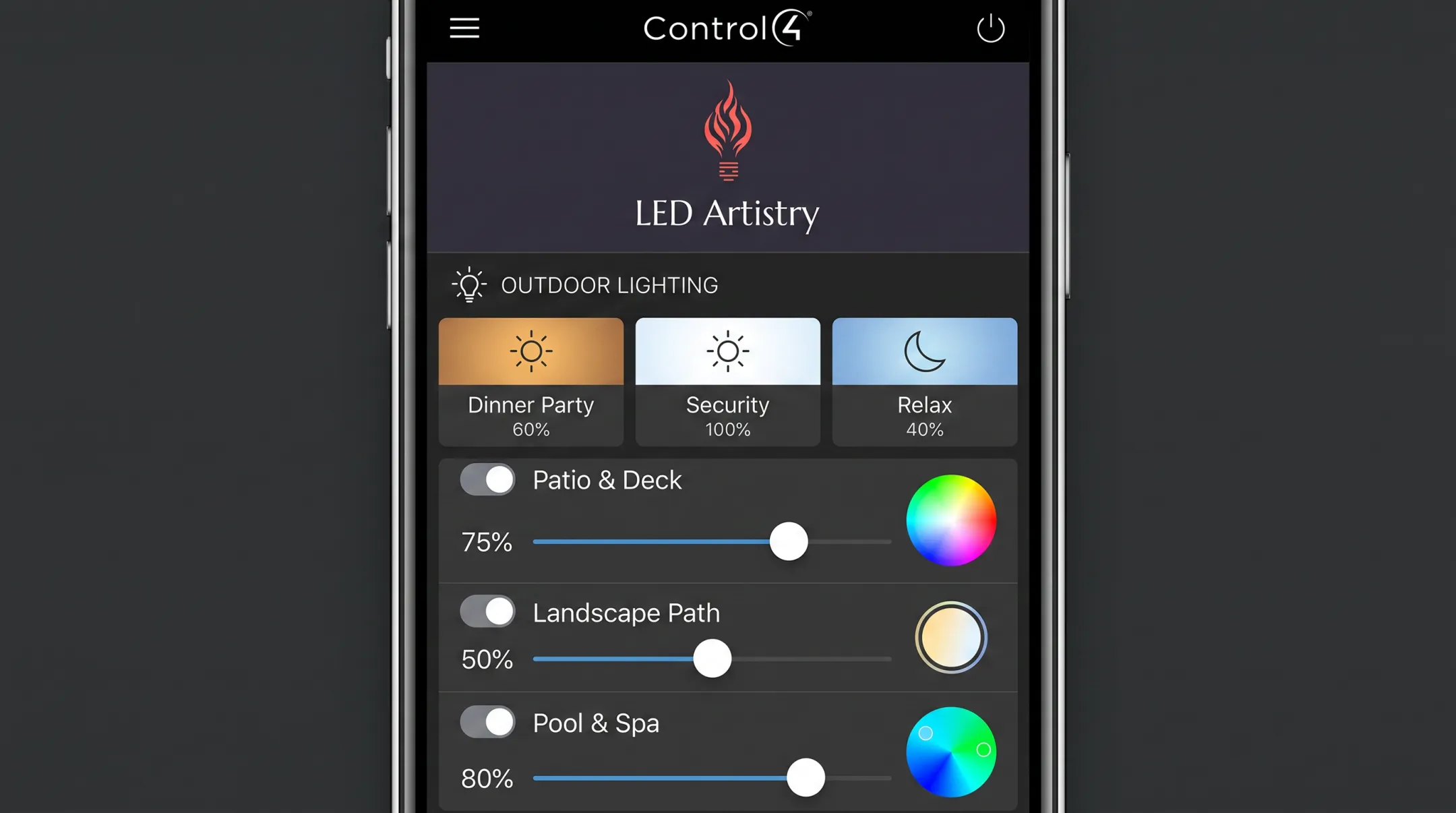 Smart lighting control app displaying outdoor preset scenes and zones
