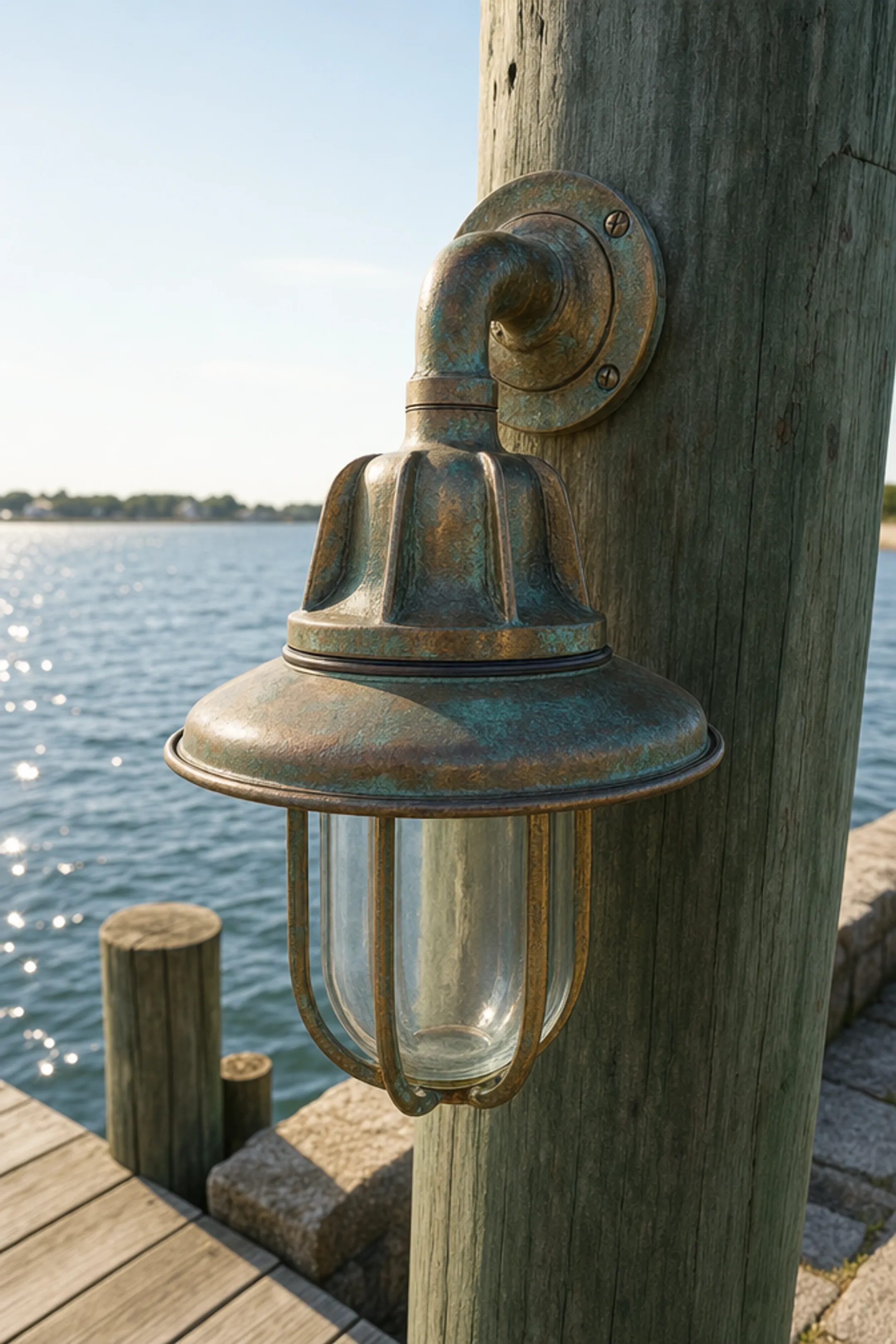 Marine-grade brass dock lighting fixture installed near saltwater seawall