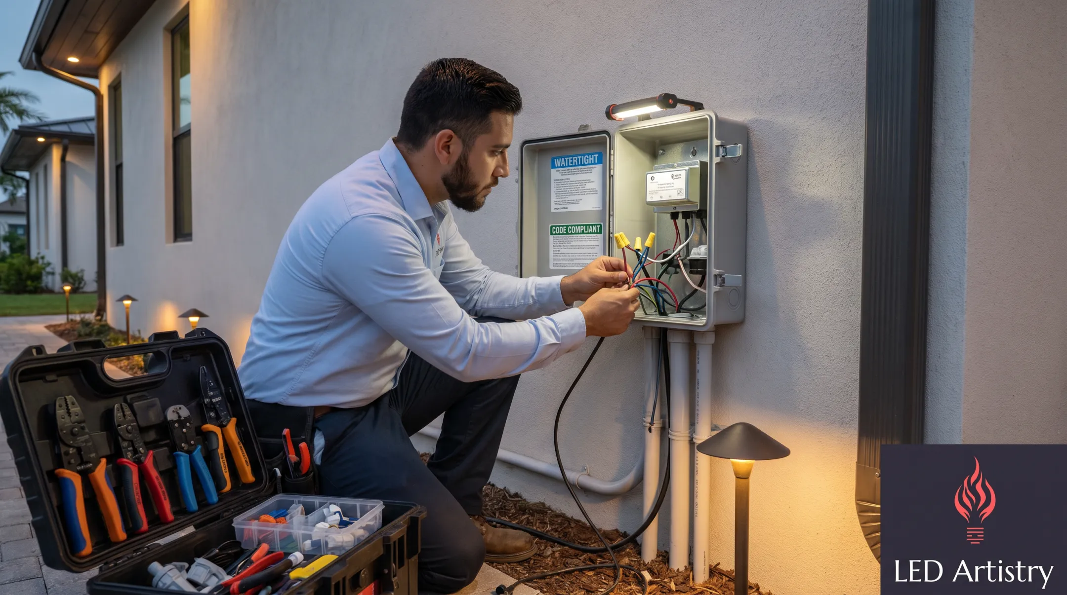 Professional technician installing low-voltage outdoor lighting transformer and wiring