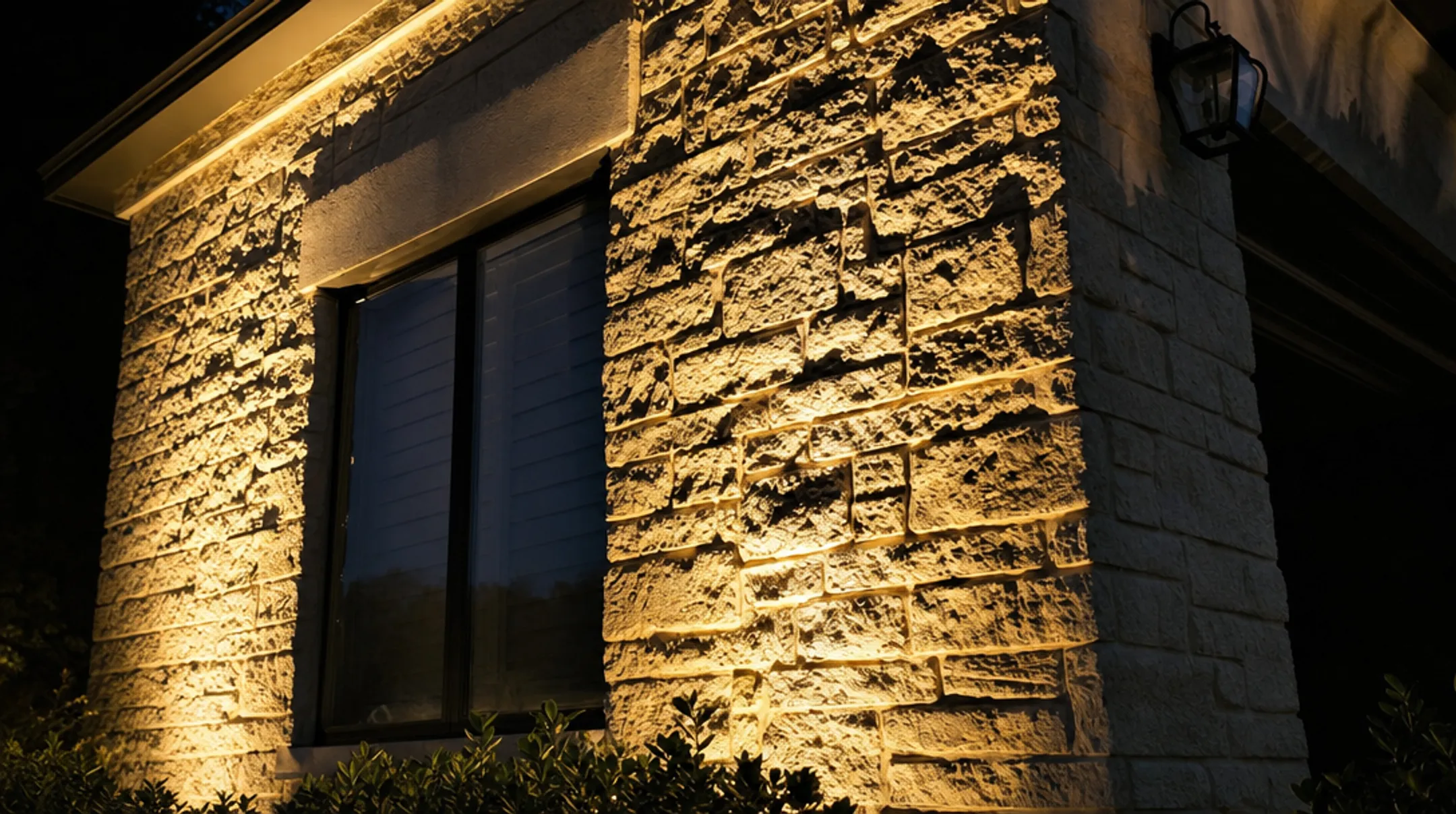 Coquina stone wall illuminated with dramatic grazing light technique at night