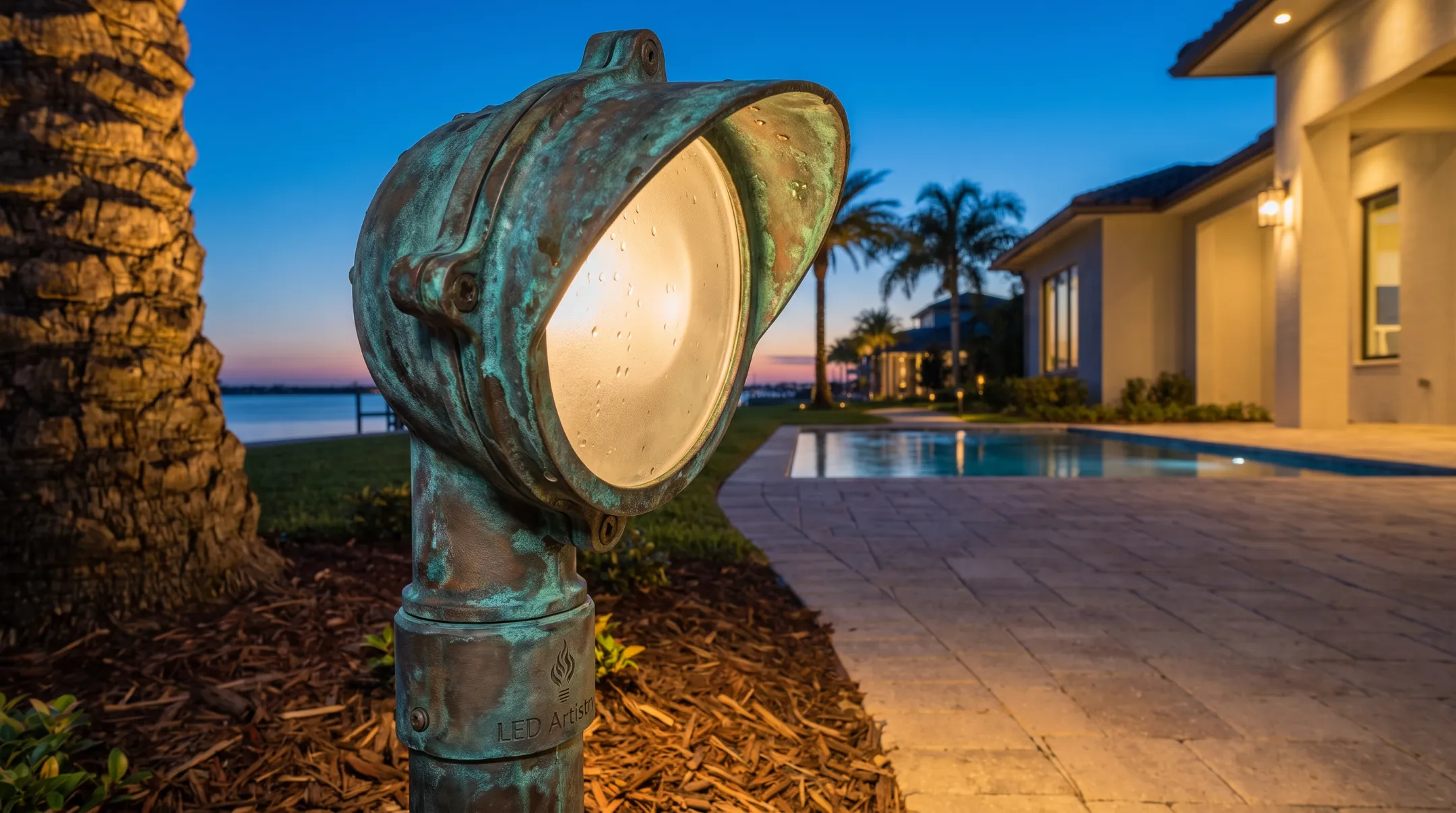 Marine-grade brass landscape light fixture installed near pool