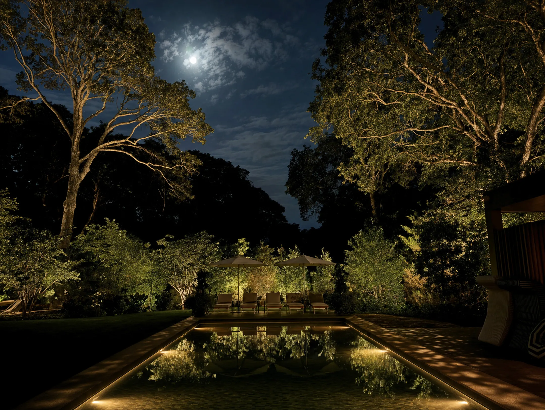 Resort-style pool deck with moonlighting effect through tree canopy