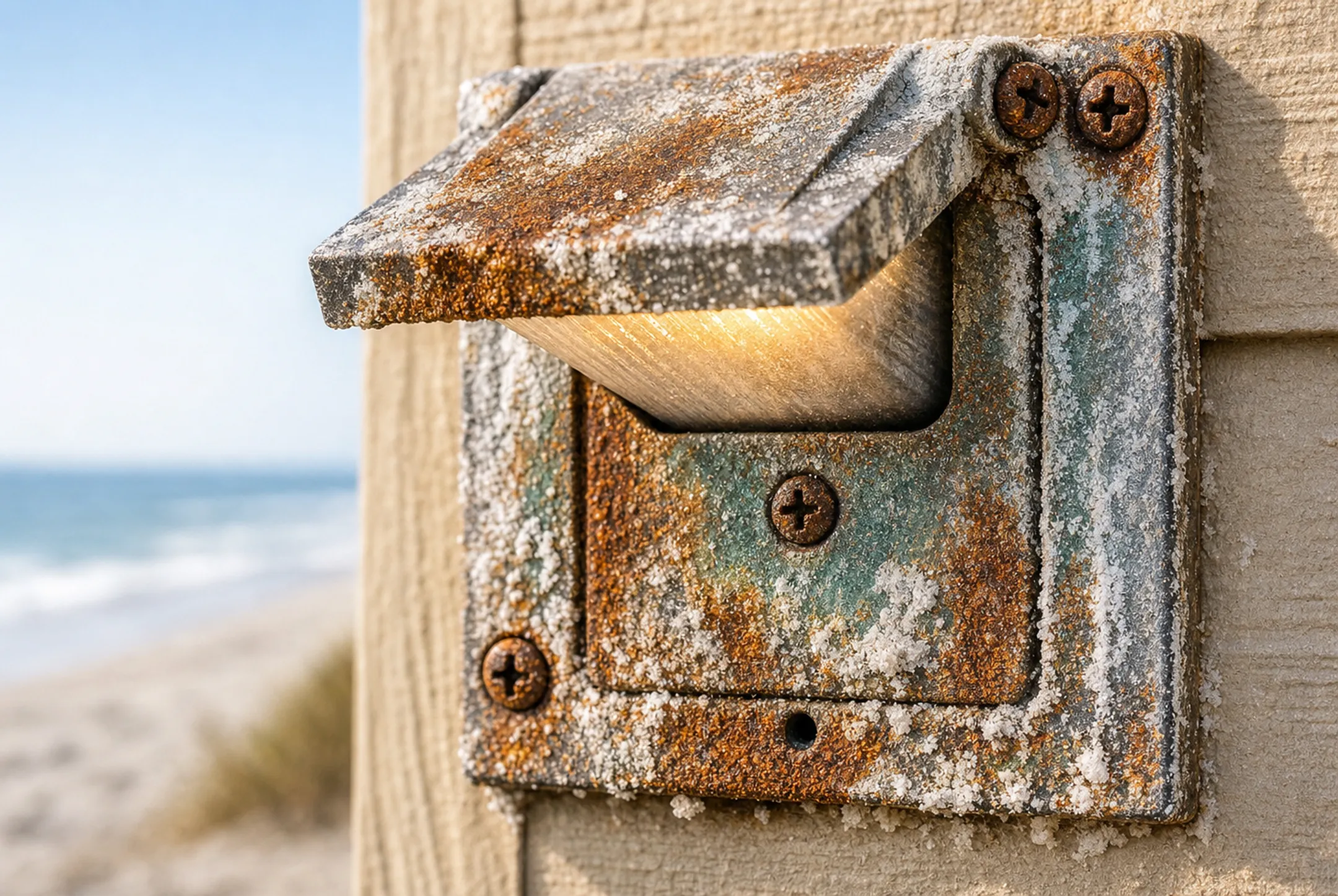 Corroded outdoor light fixture showing salt residue and rust damage