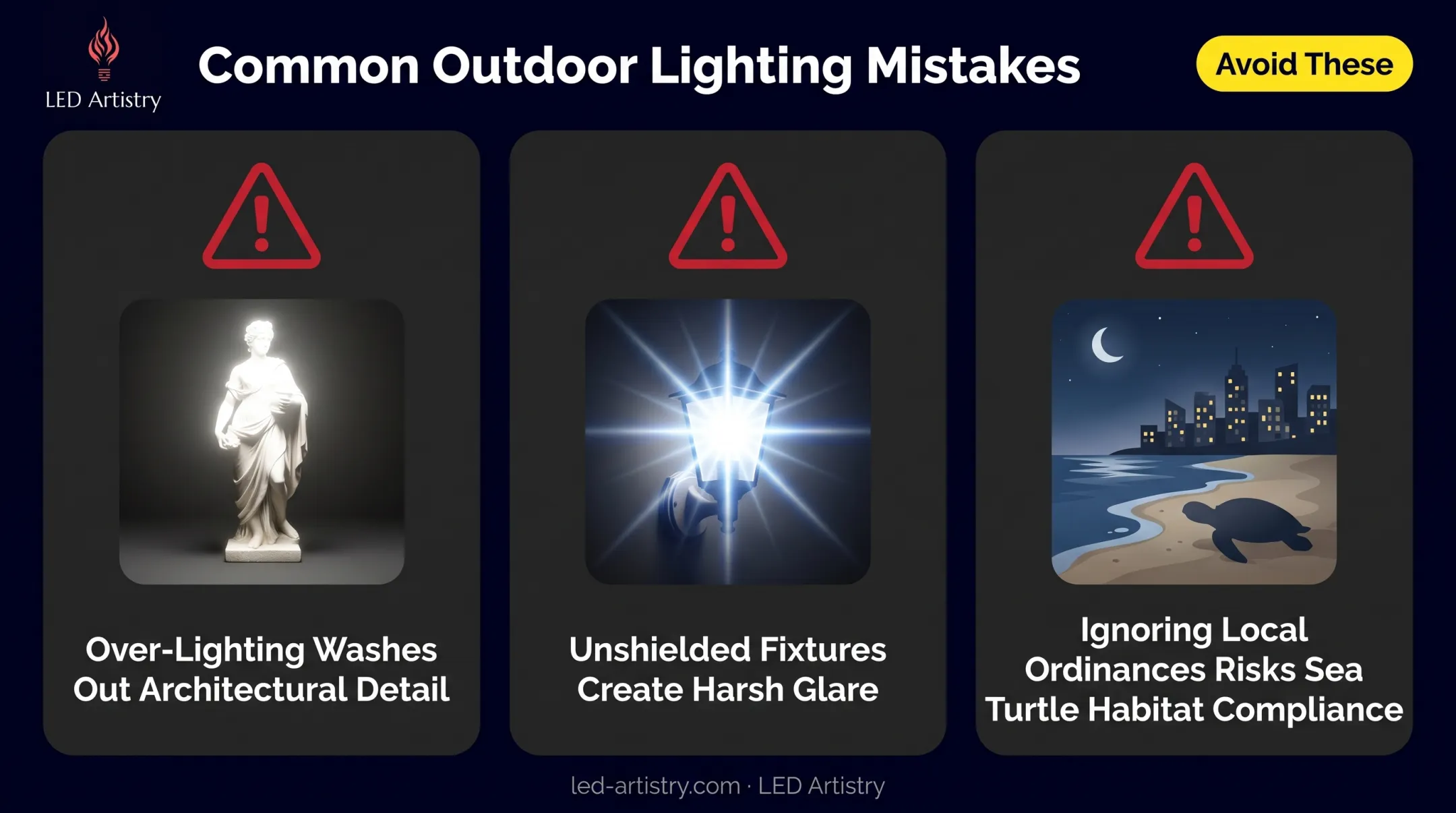 Three common statue lighting mistakes to avoid infographic