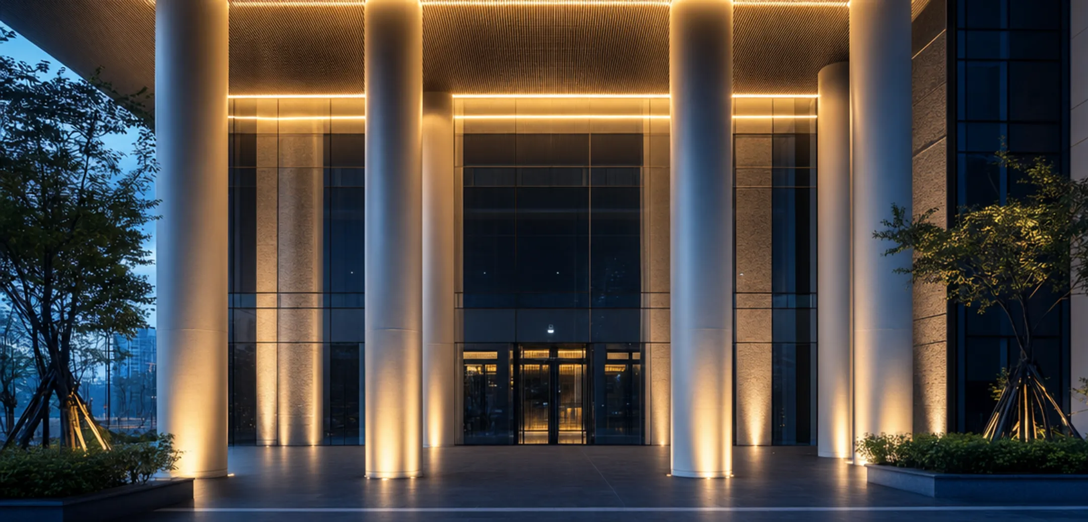 Architectural facade uplighting highlighting textured stone columns at night