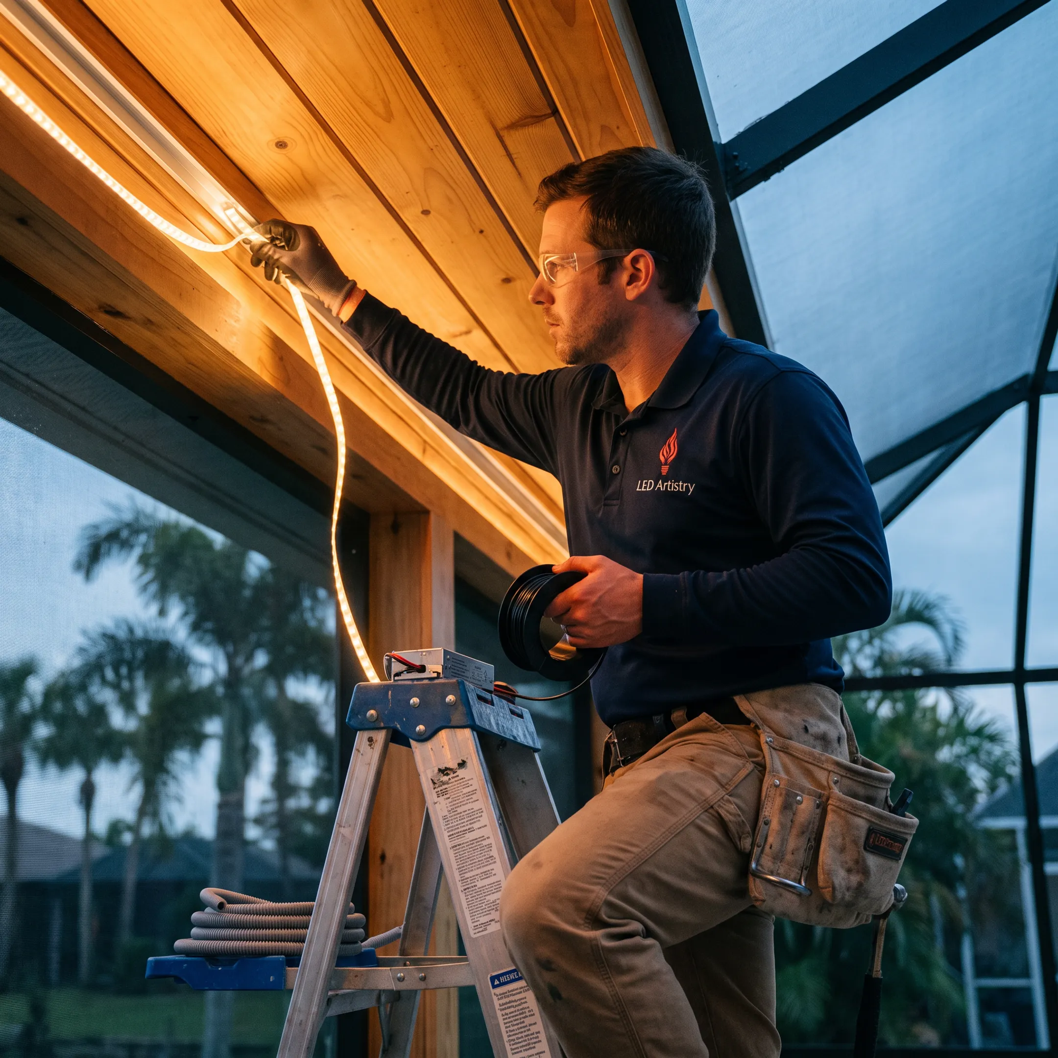 Technician installing concealed LED cove lighting