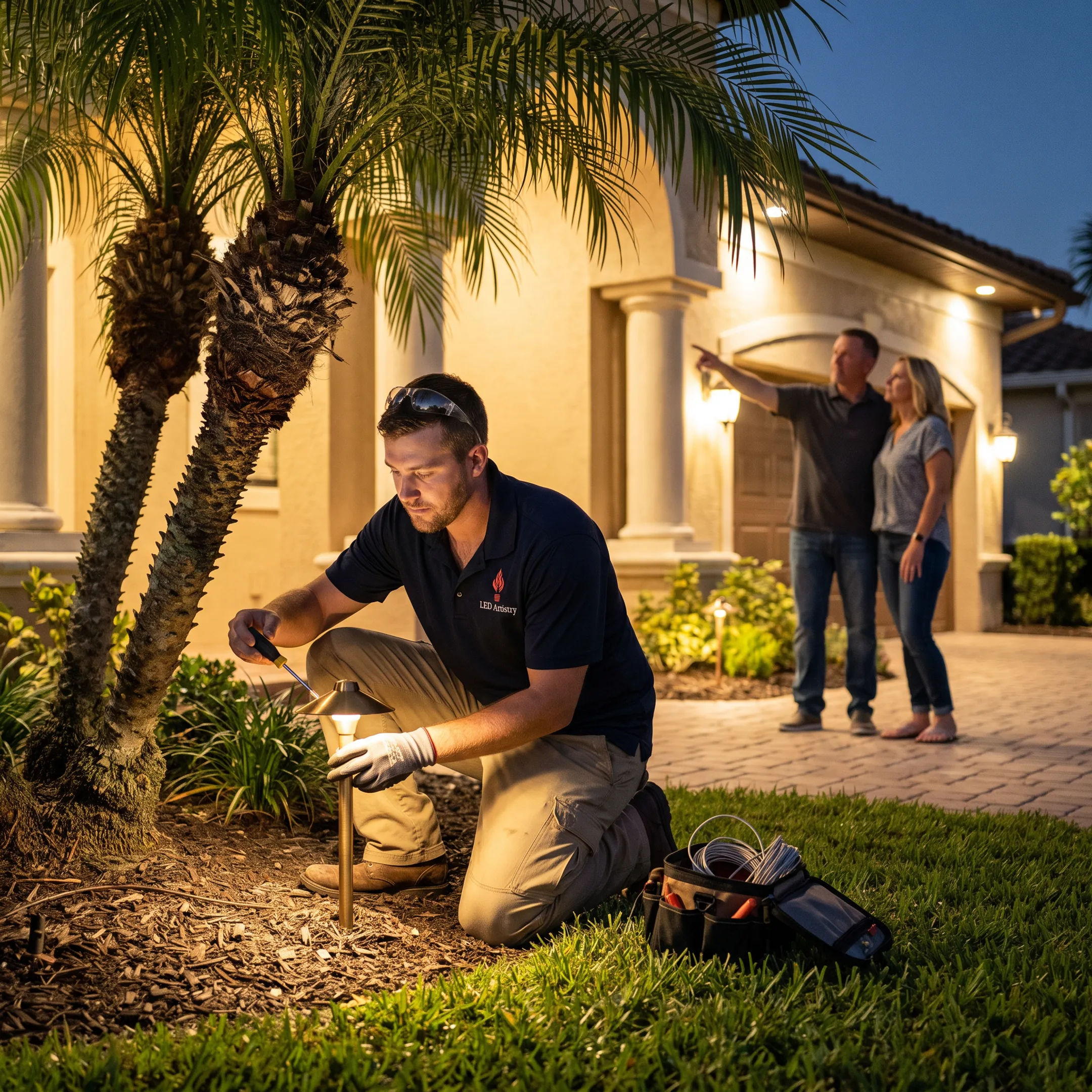 Lighting designer adjusting temporary fixtures during a nighttime demonstration
