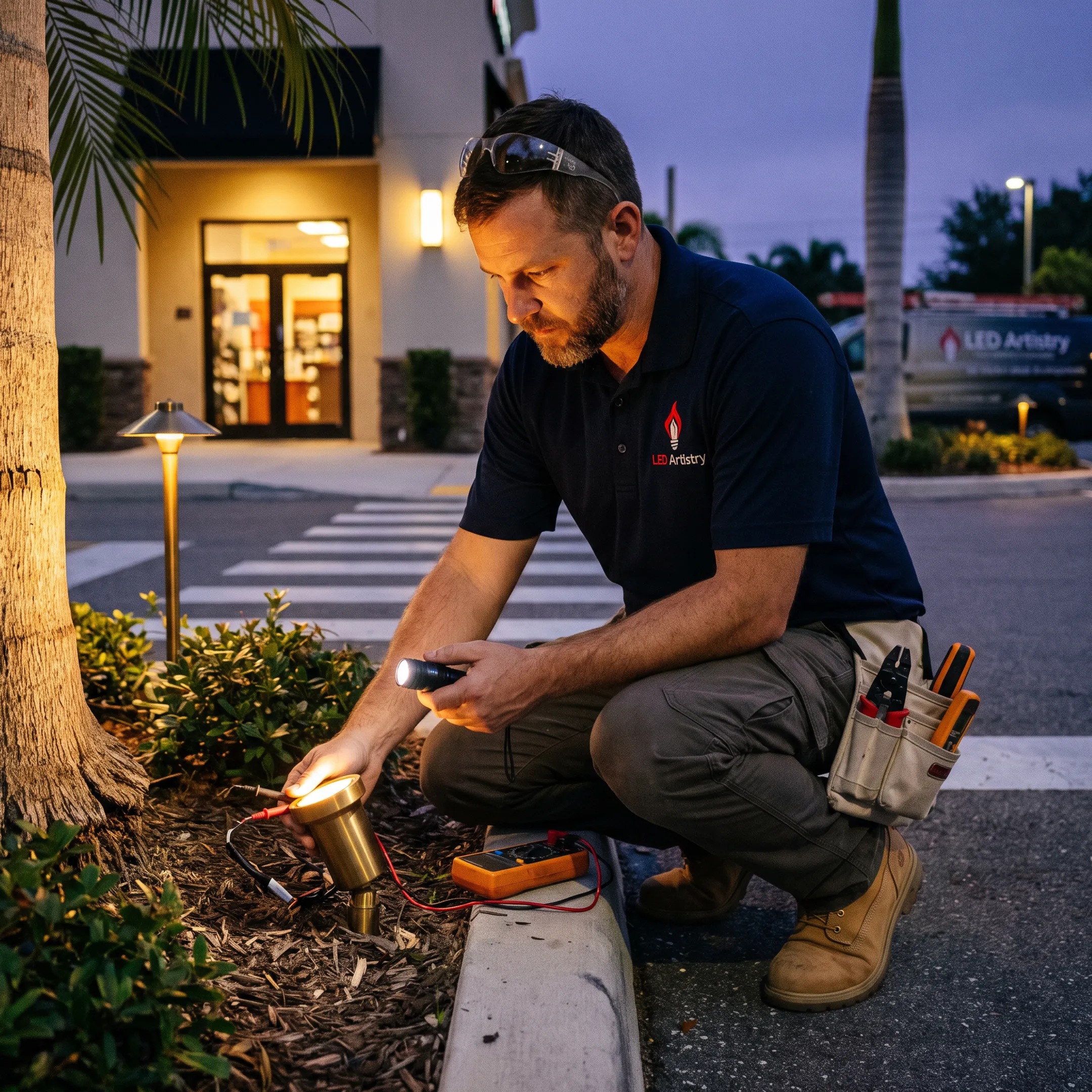 Technician assessing commercial exterior LED lighting