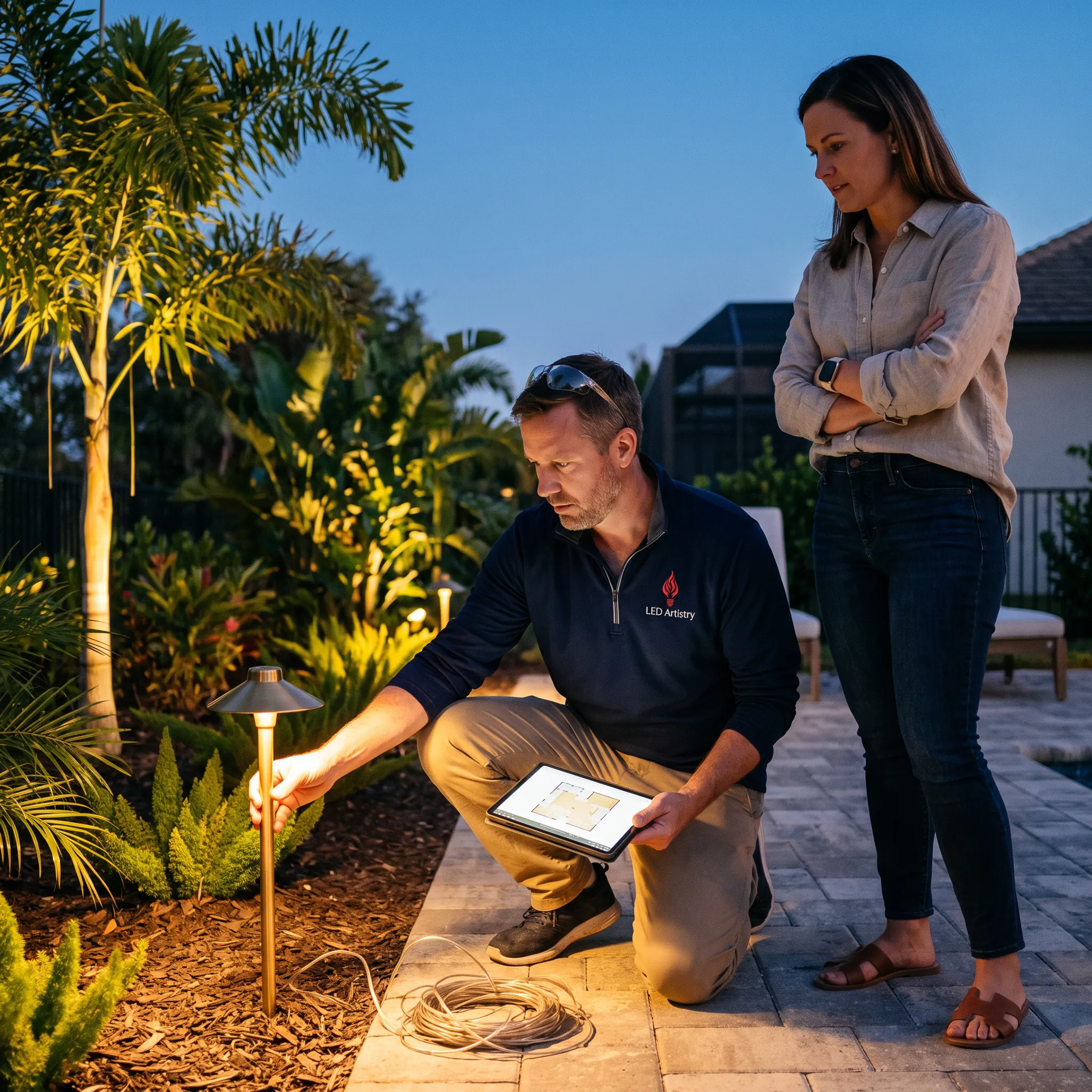 Lighting designer reviewing an outdoor LED lighting plan
