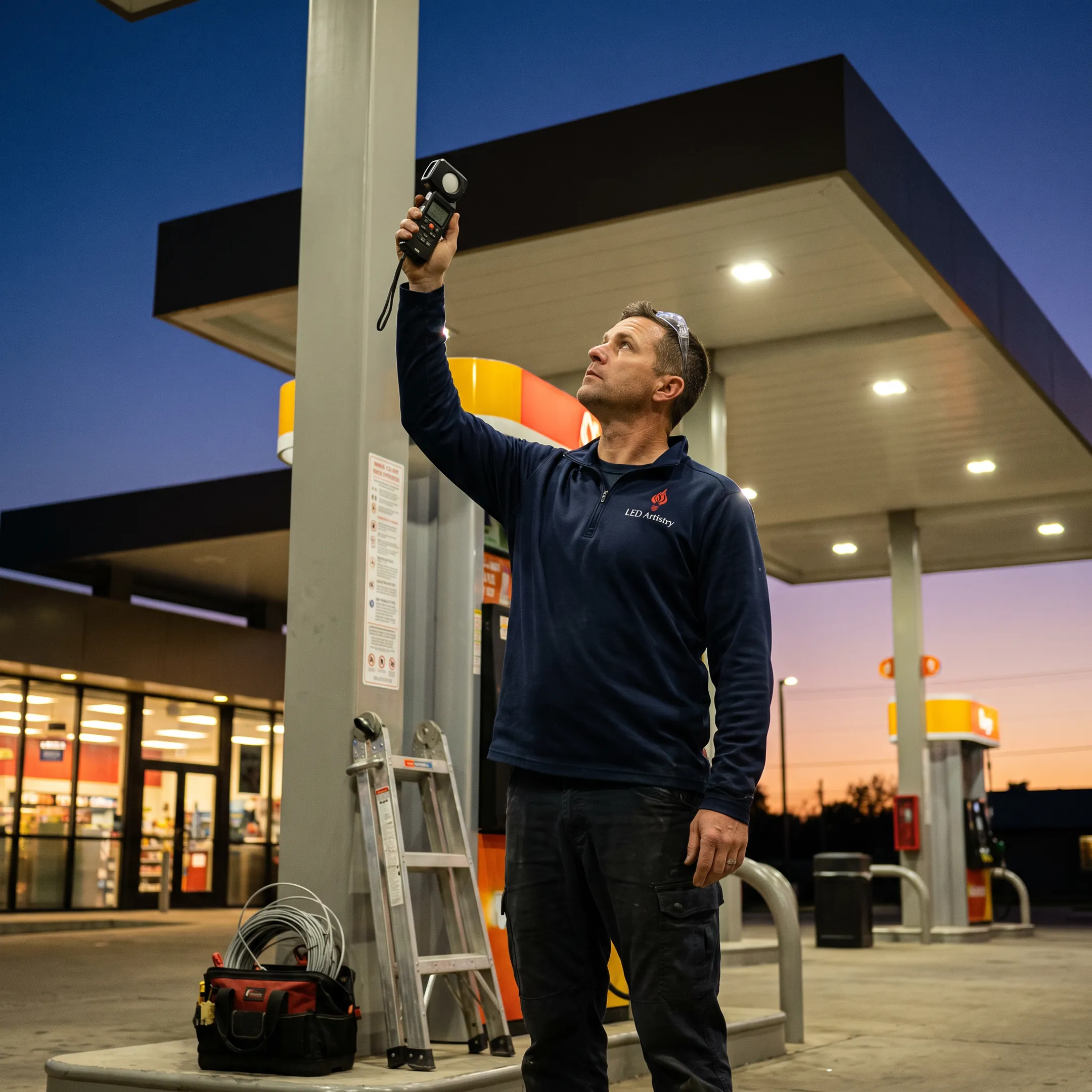Technician evaluating commercial canopy lighting