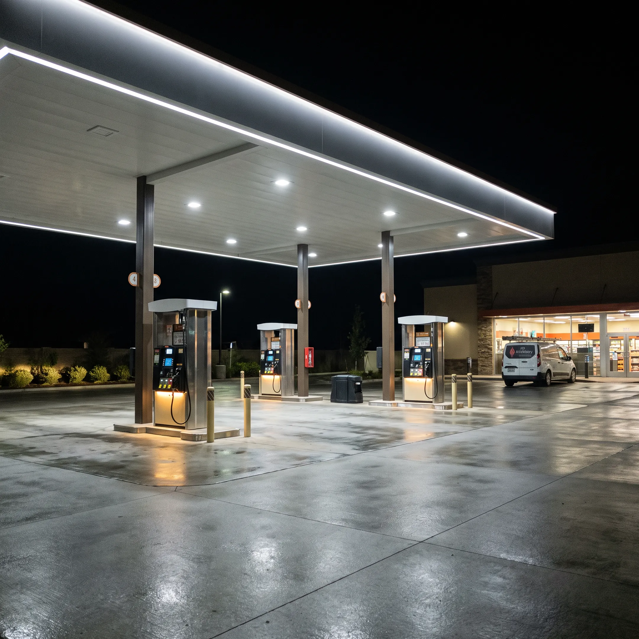 LED-lit gas station canopy and fuel pumps at night