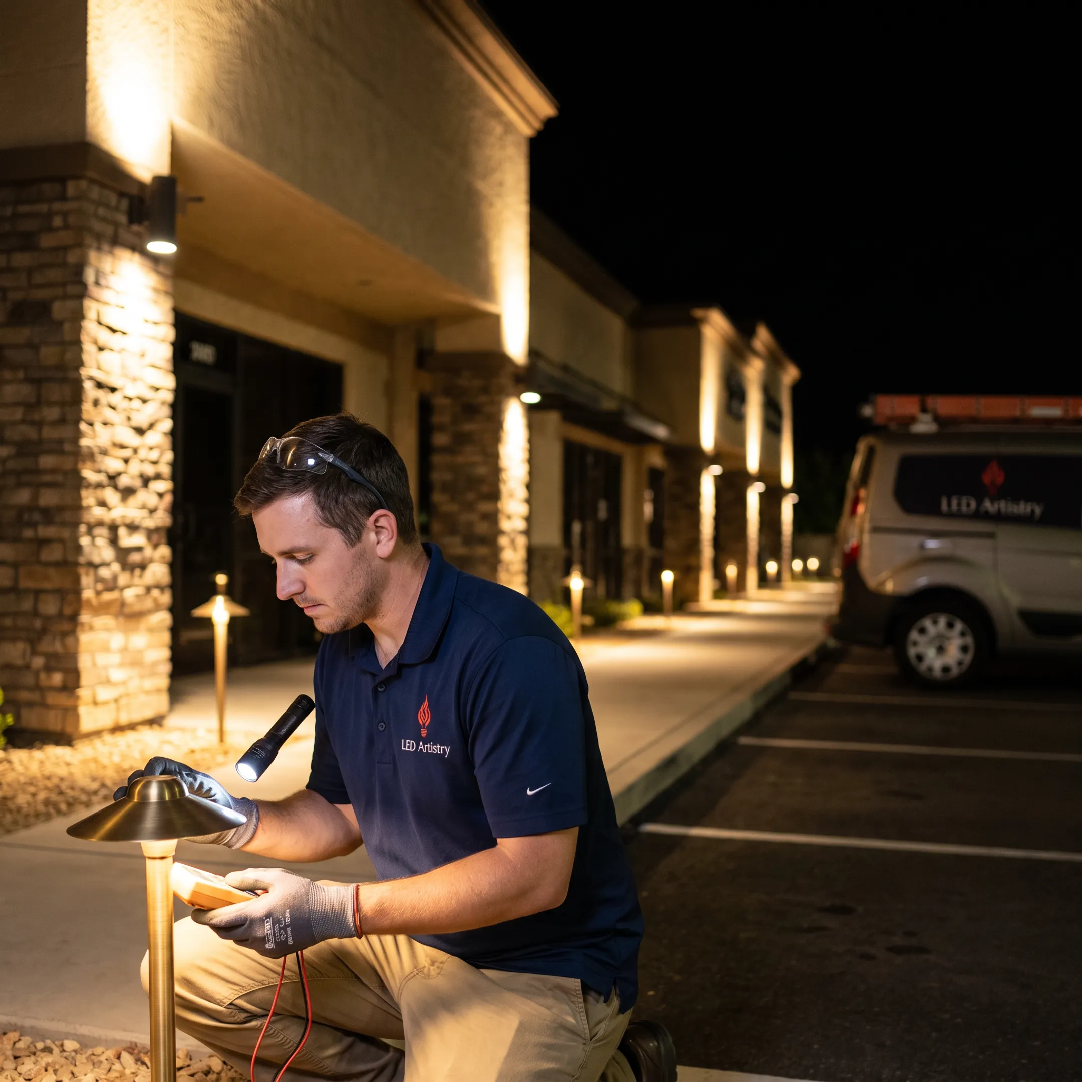 Commercial property with restored exterior LED lighting