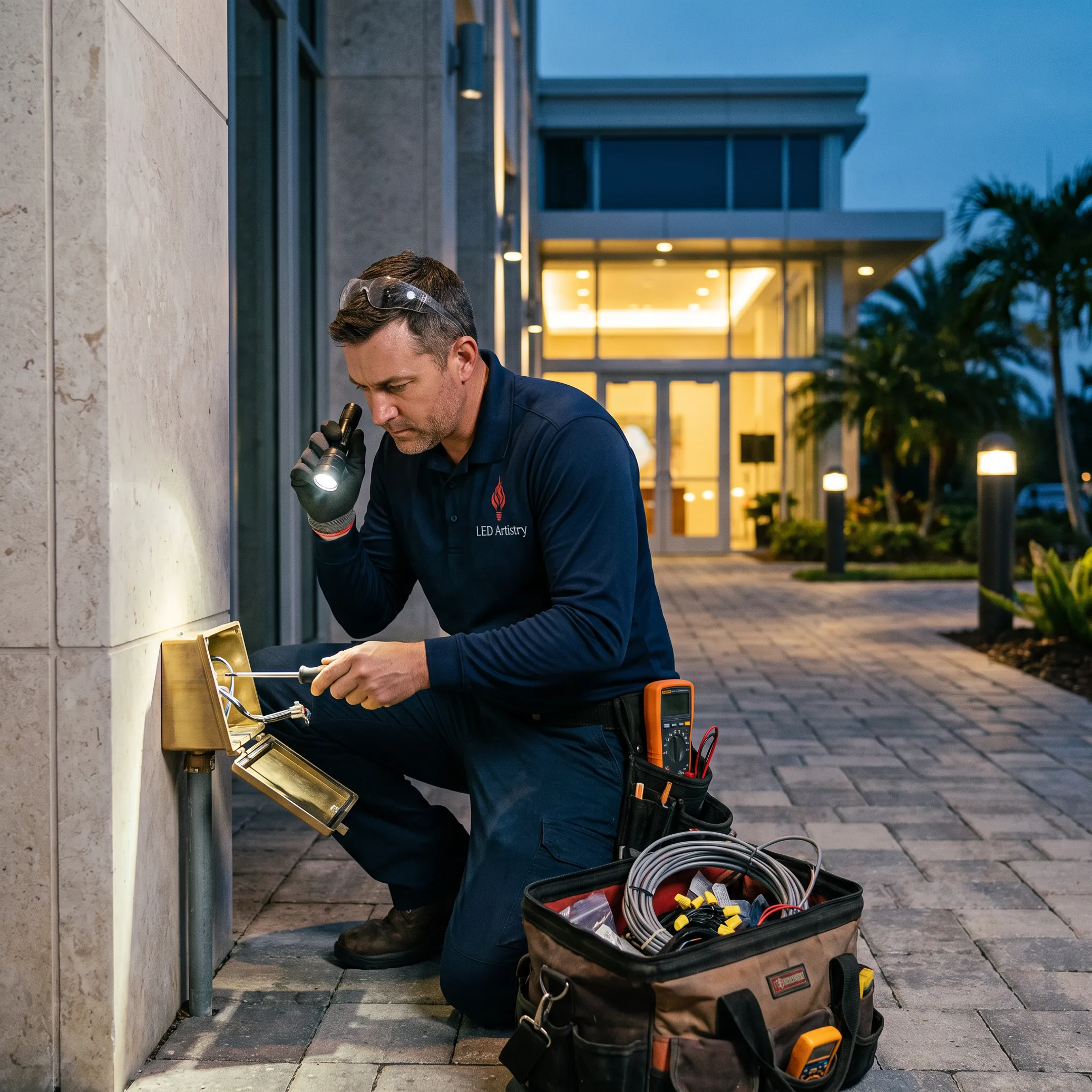 Technician repairing exterior commercial LED lighting
