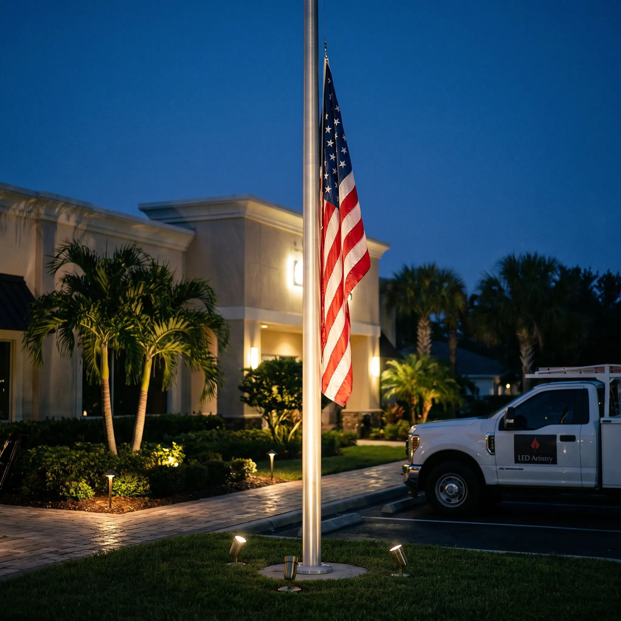 Illuminated flagpole outside a commercial property at night