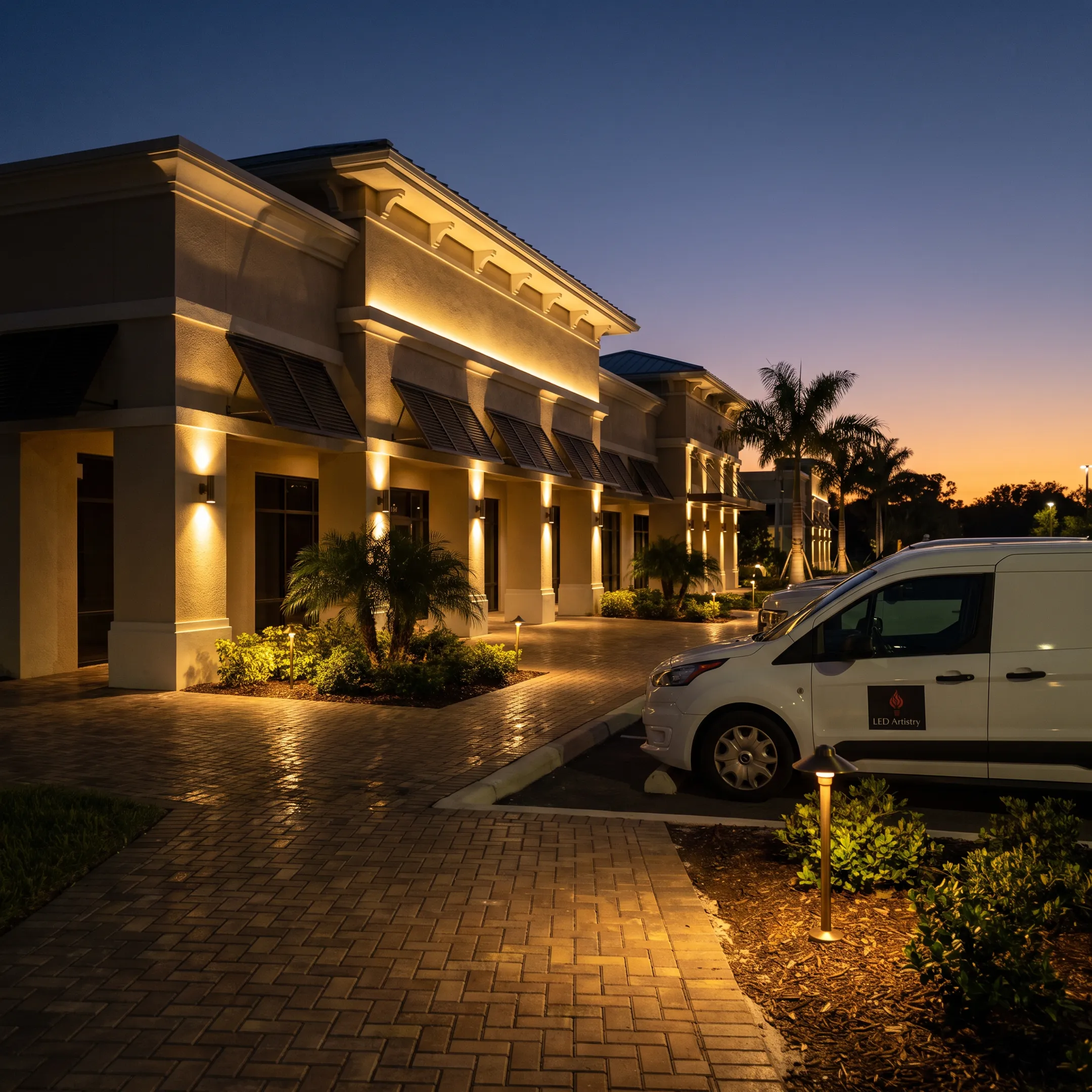 Auto dealership exterior illuminated with LED lighting