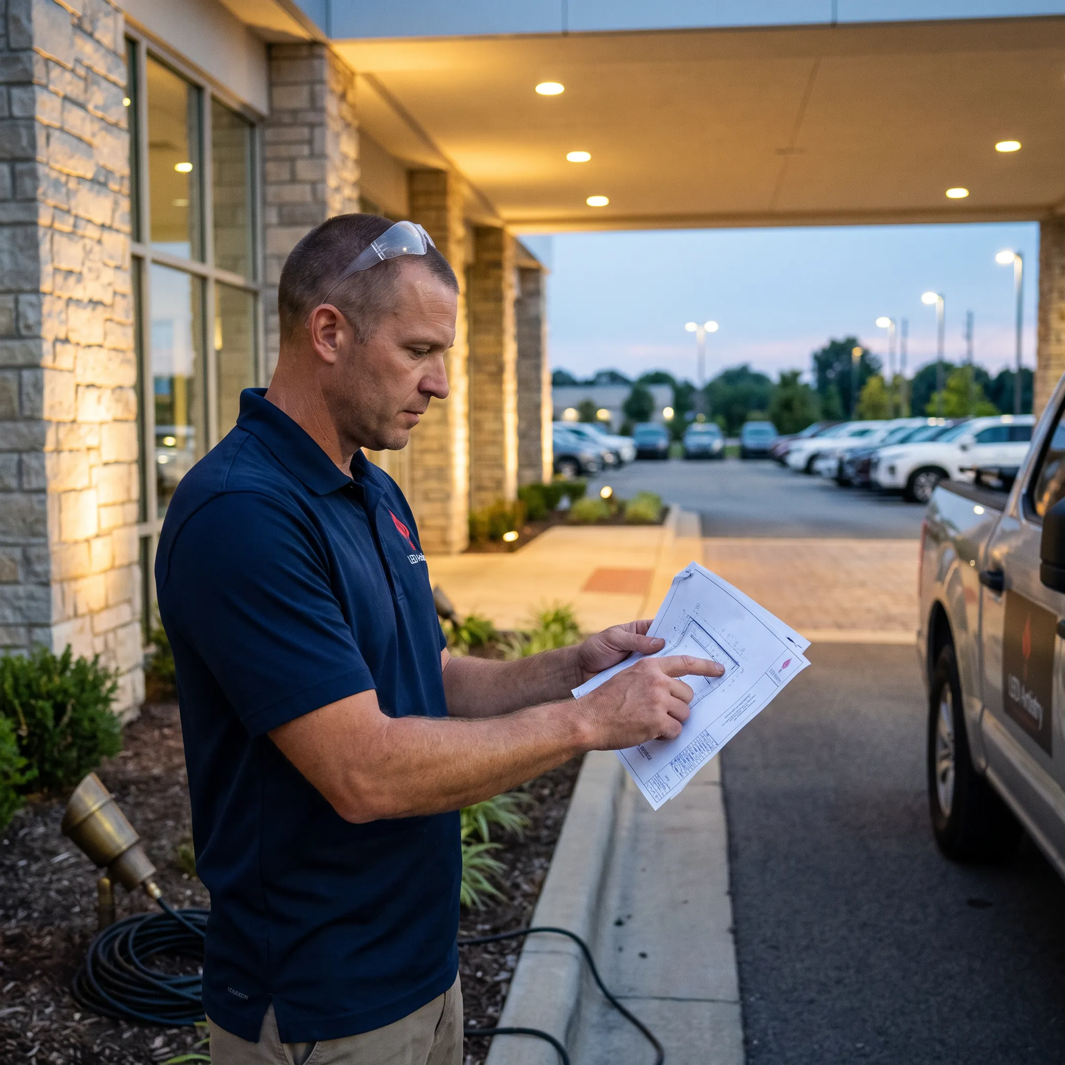 Lighting designer reviewing dealership exterior lighting