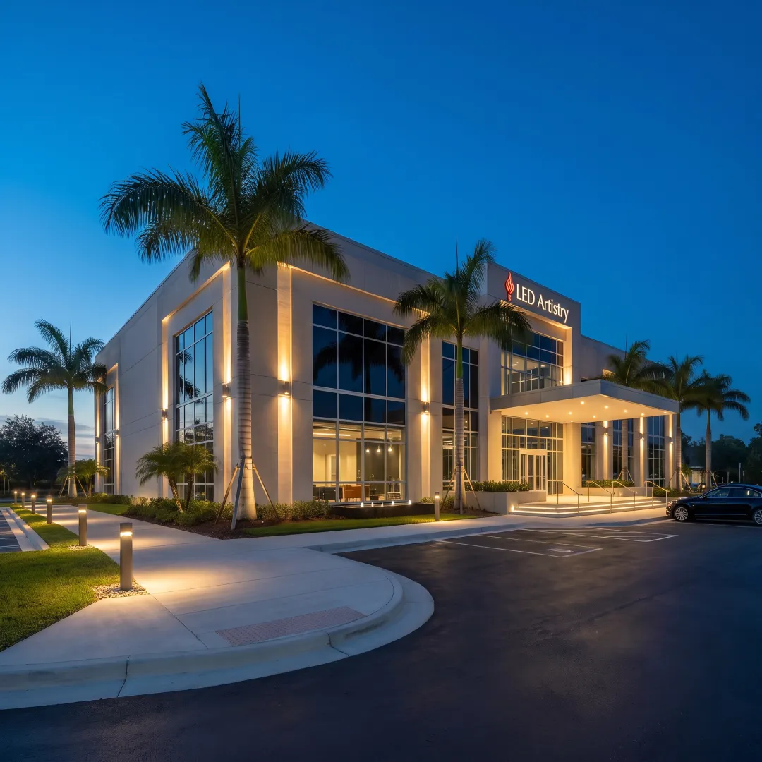 Illuminated commercial building exterior at night