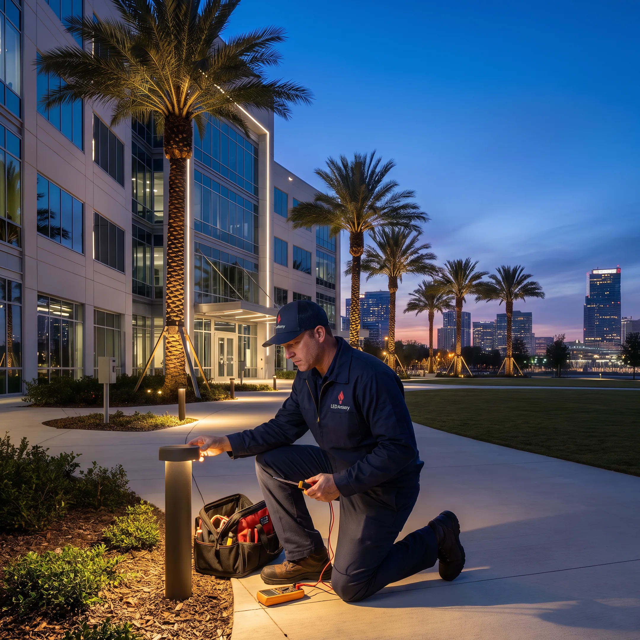 Technician servicing commercial outdoor LED lighting