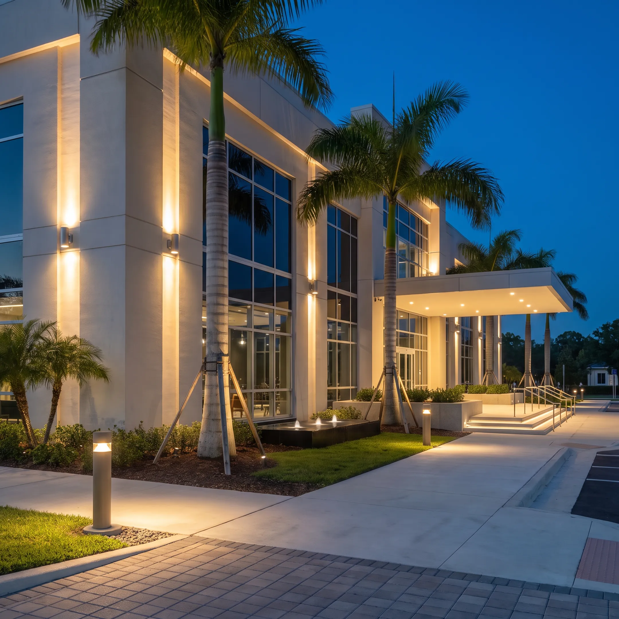 Commercial building with maintained exterior LED lighting