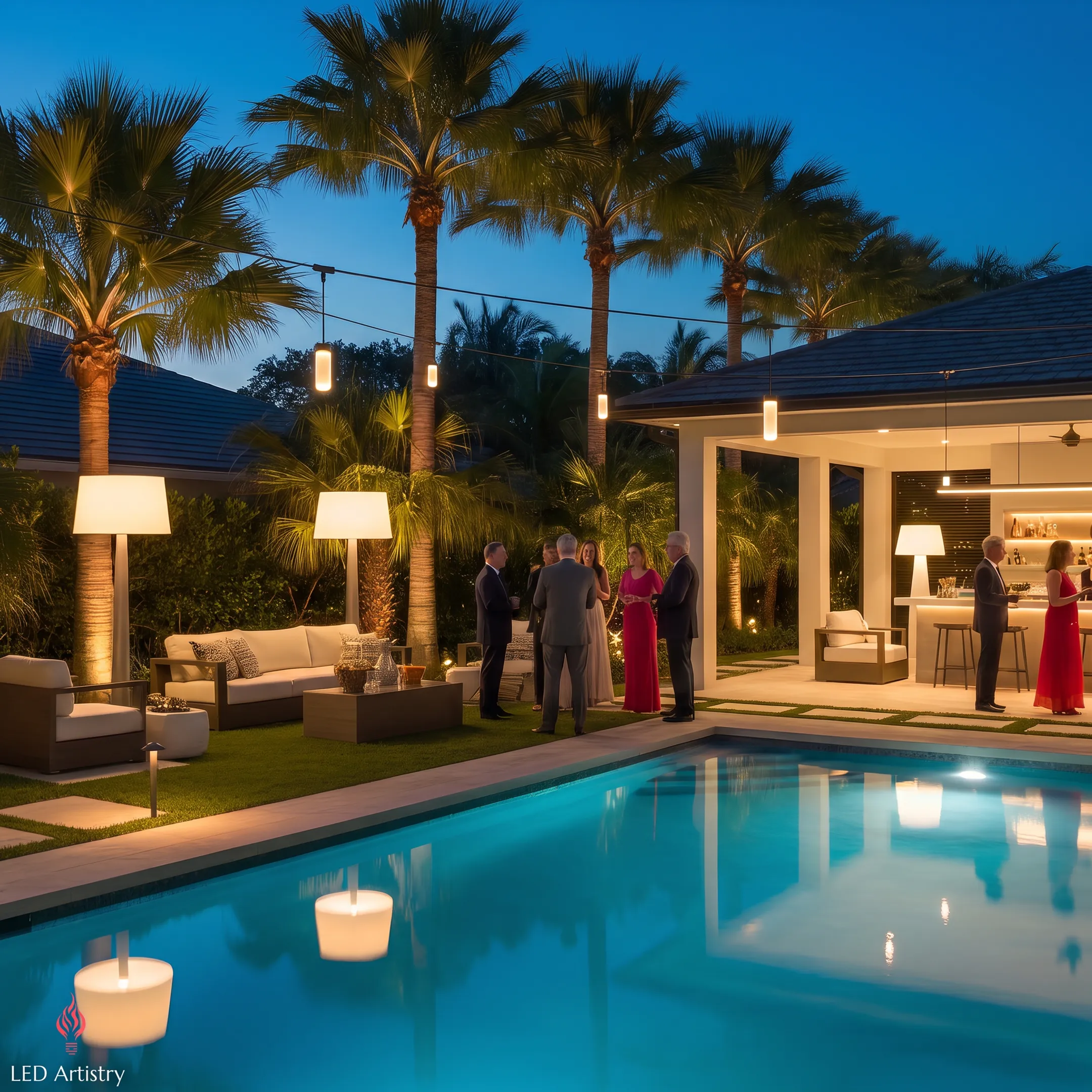 Overhead string lighting illuminating an outdoor patio