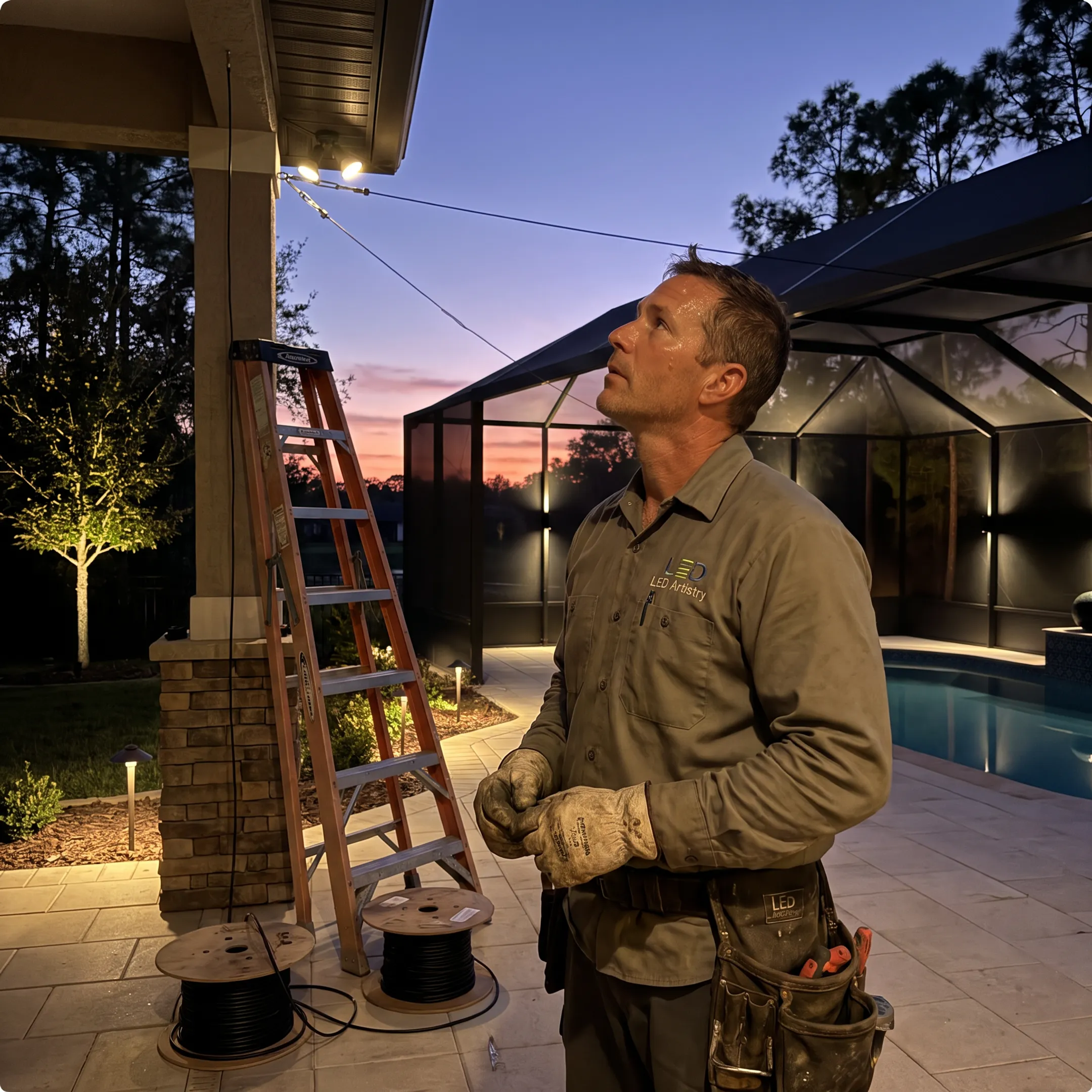 Lighting designer planning overhead patio lights