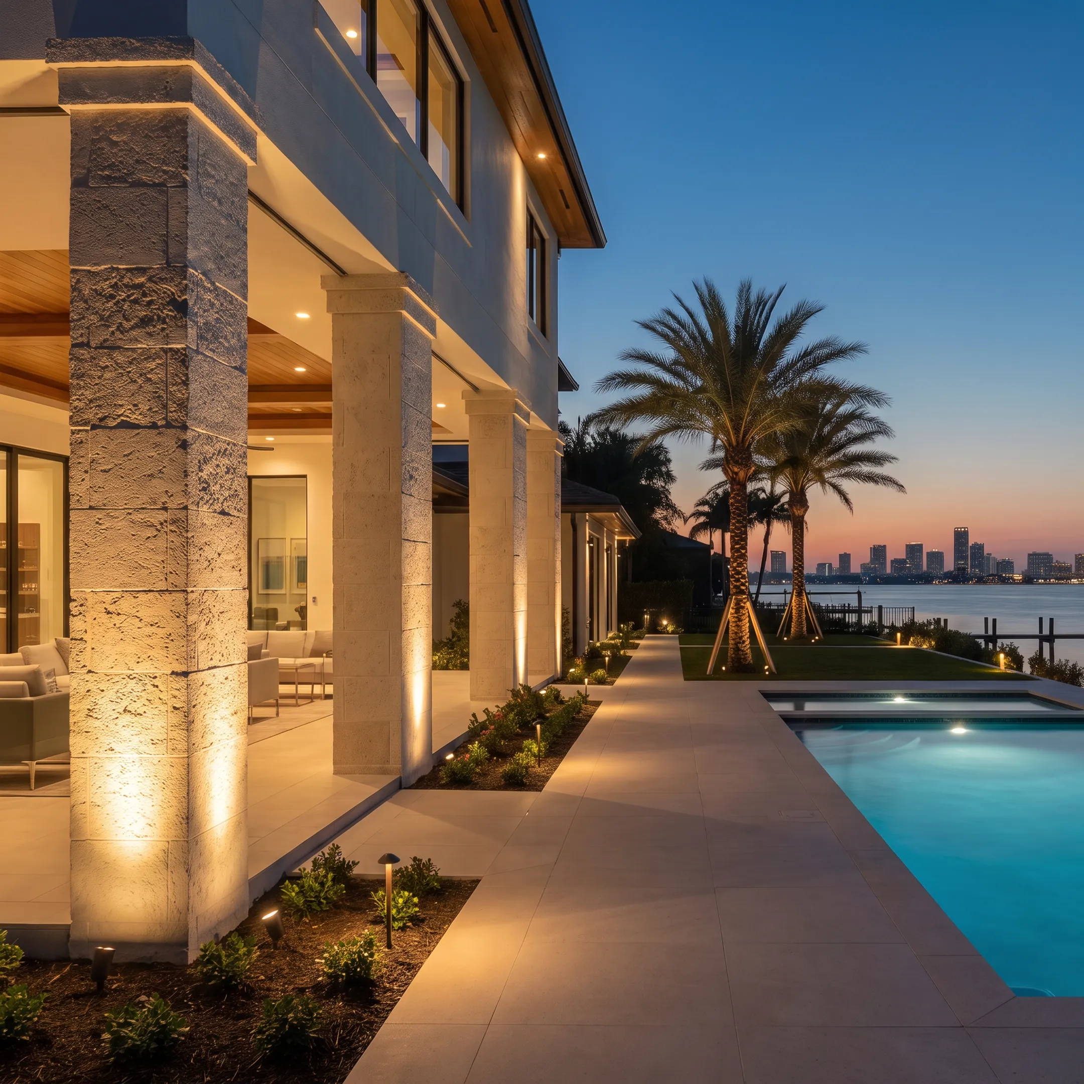 Architectural LED lighting illuminating a property exterior at night