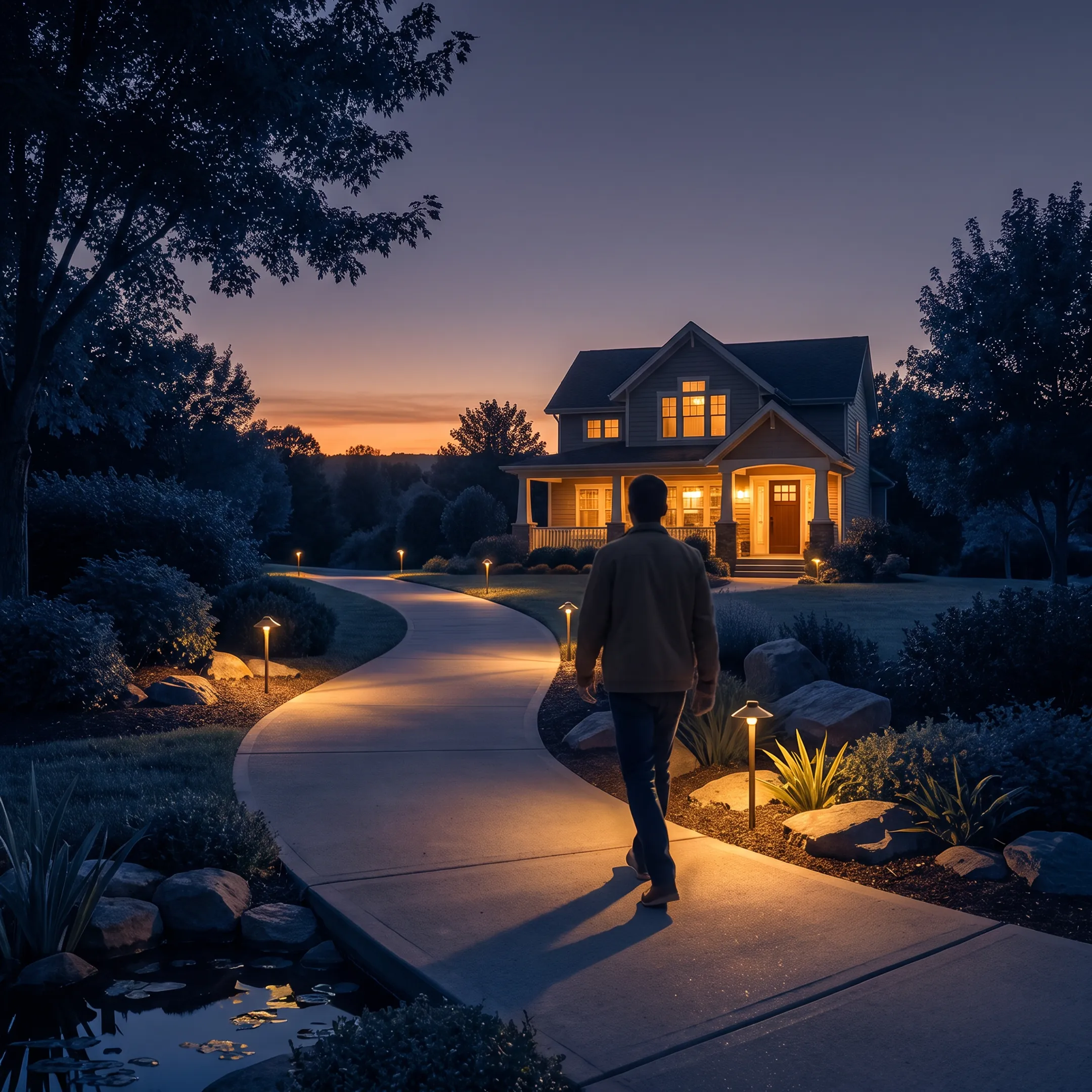 Illuminated garden path with motion sensor lights