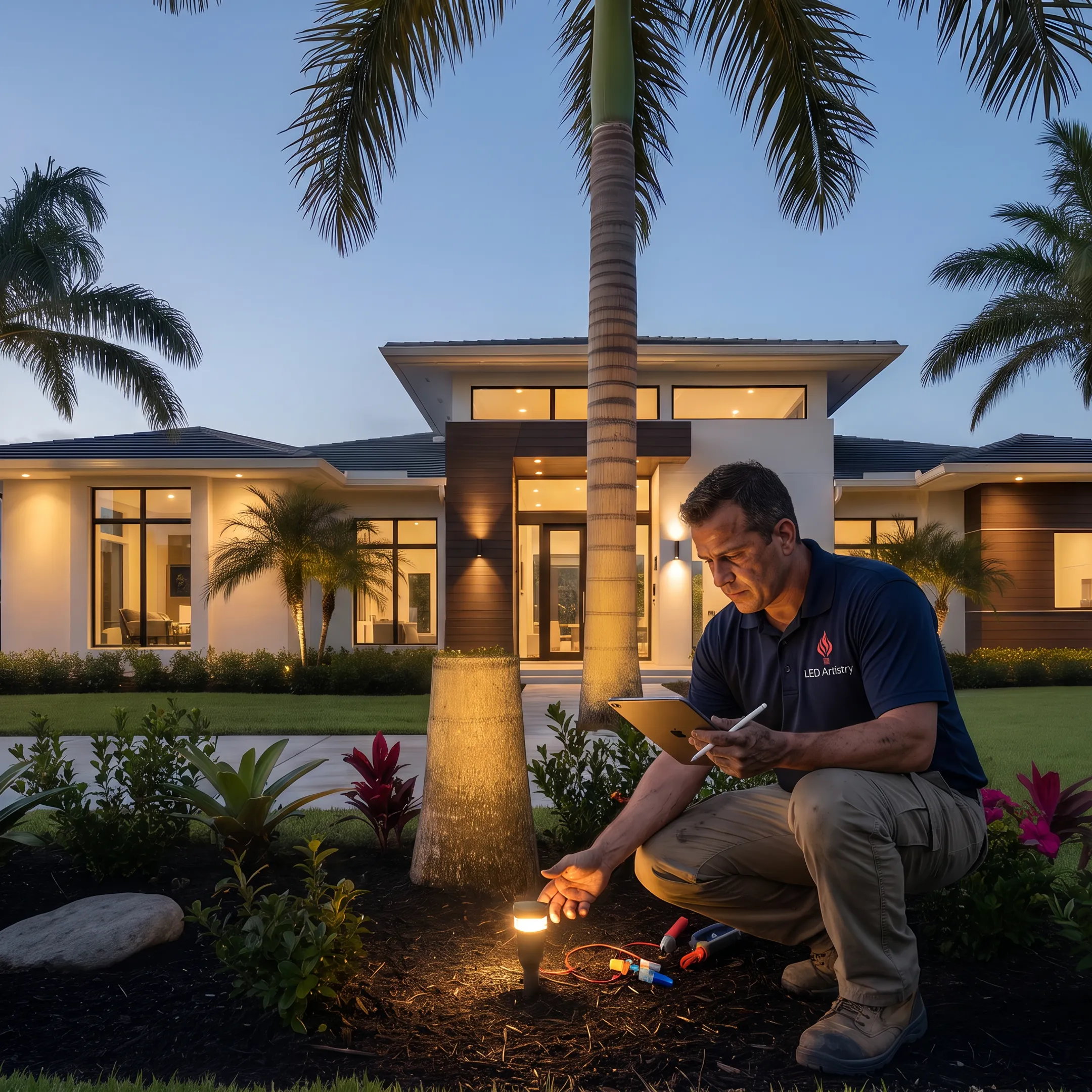 Lighting designer planning fixture placement outdoors