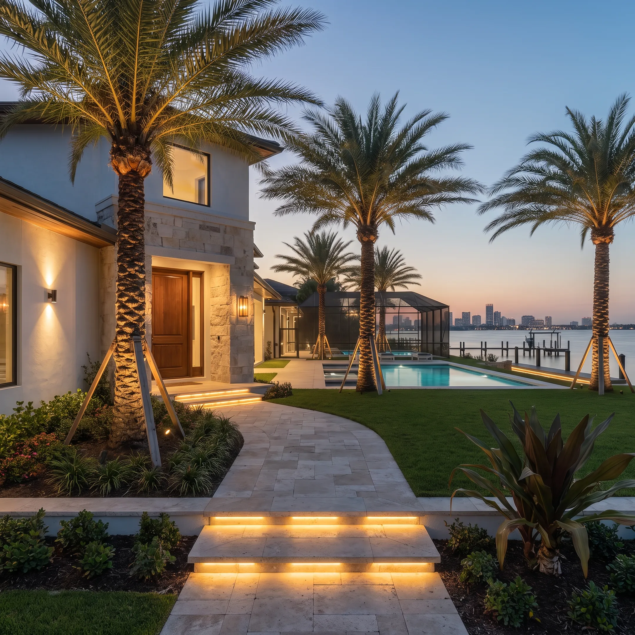 Illuminated residential landscape and entryway at night