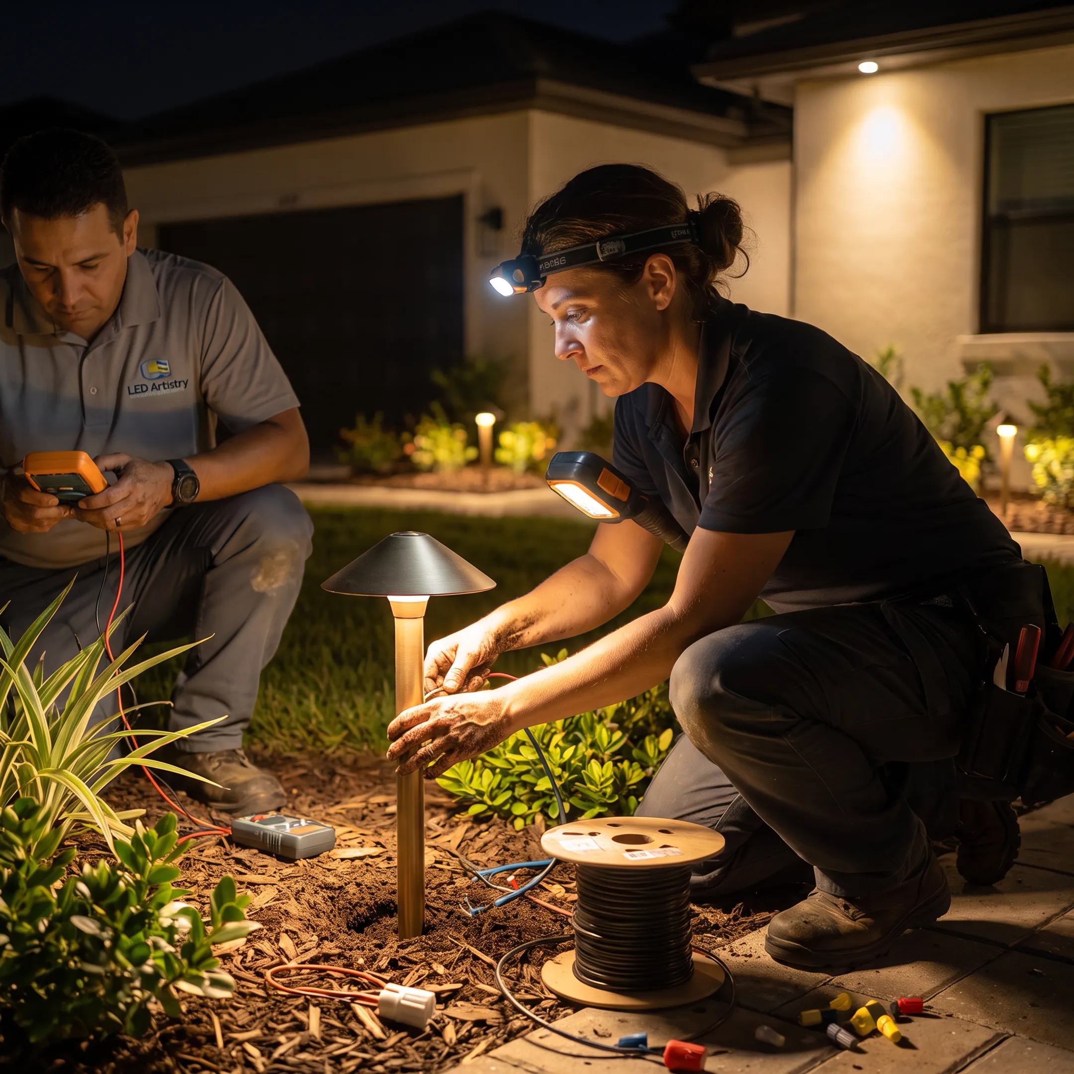 Lighting designer adjusting outdoor LED fixtures at night