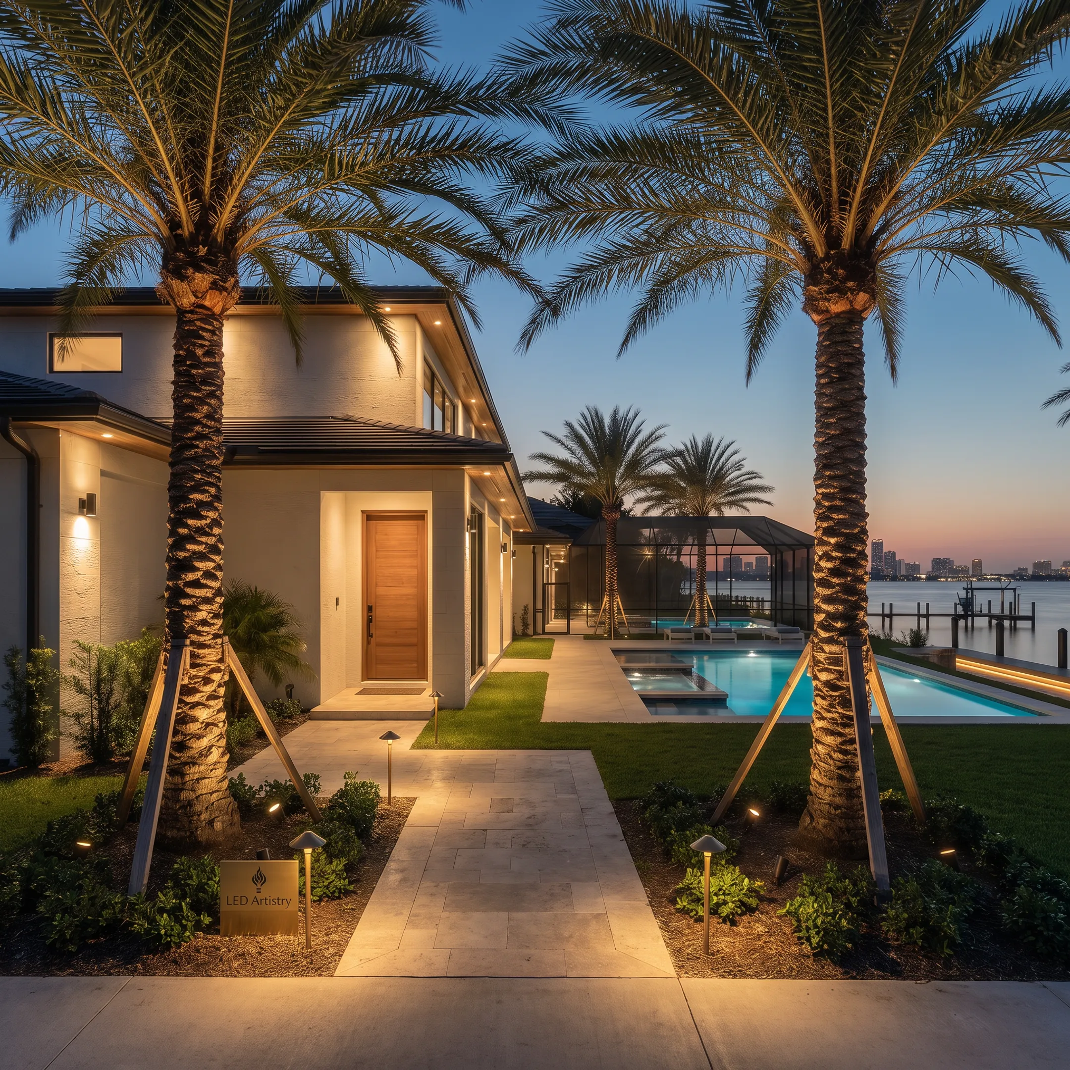 Professionally illuminated home landscape at night