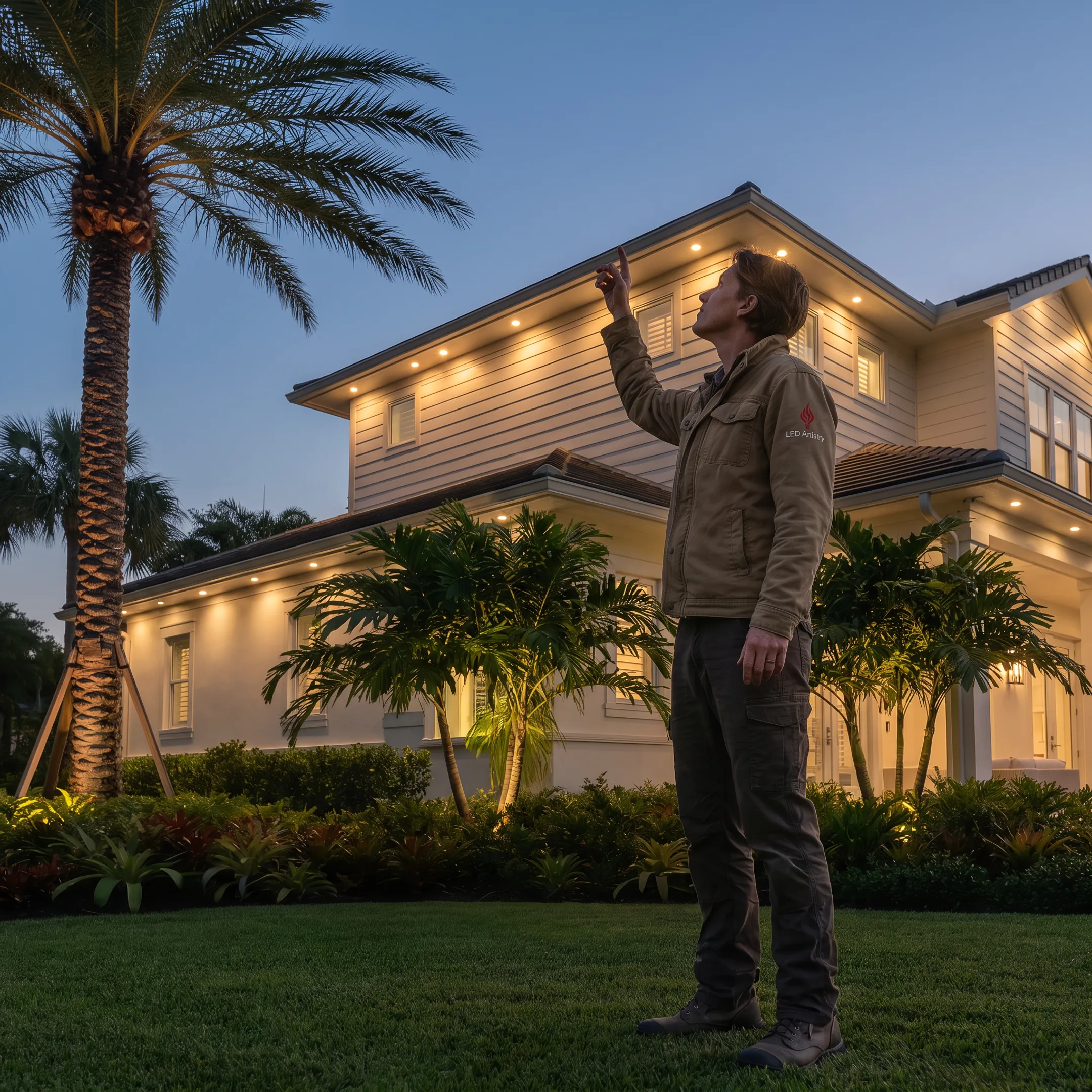 Lighting designer reviewing LED soffit placement on a home