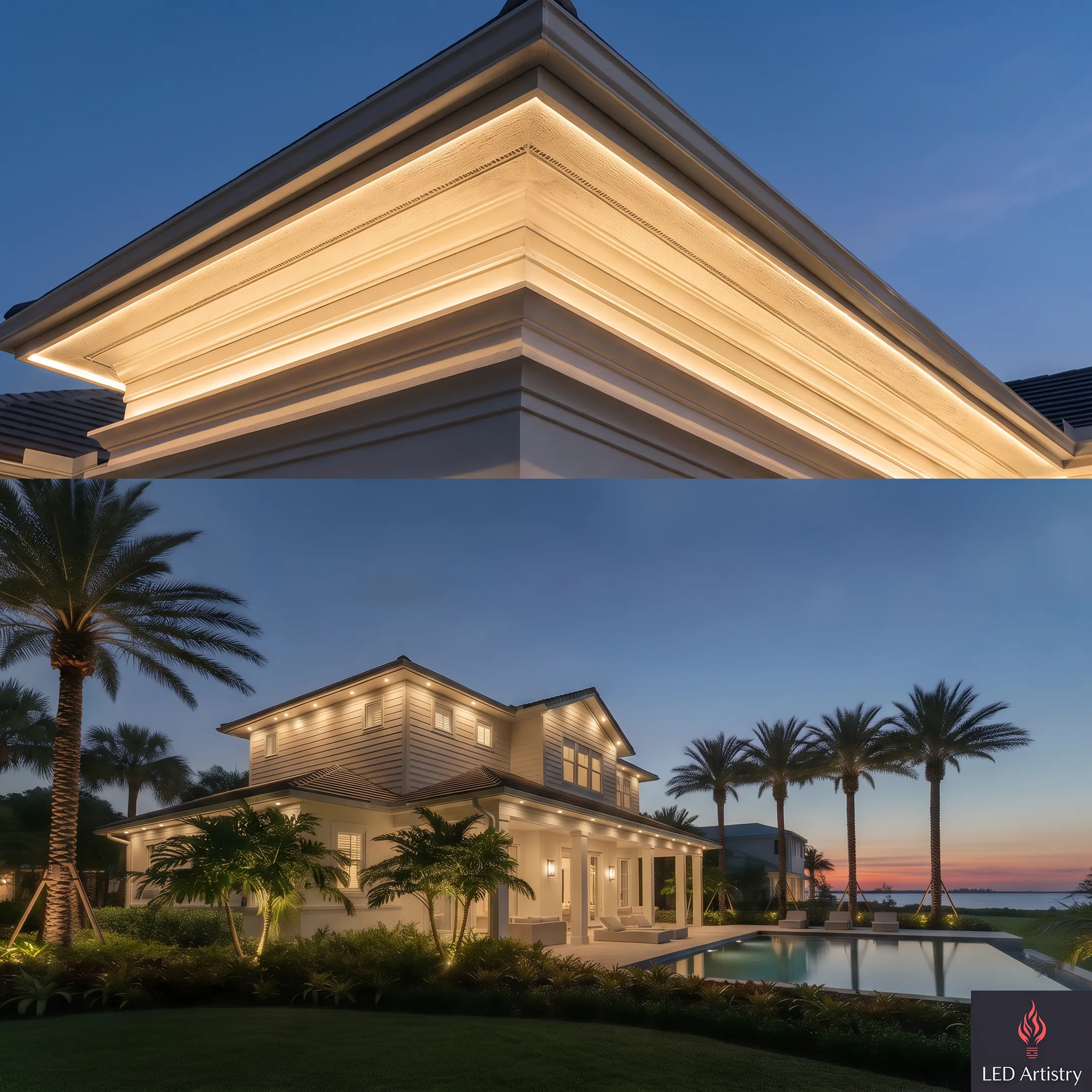 Warm LED strip lighting illuminating a home's soffits at night