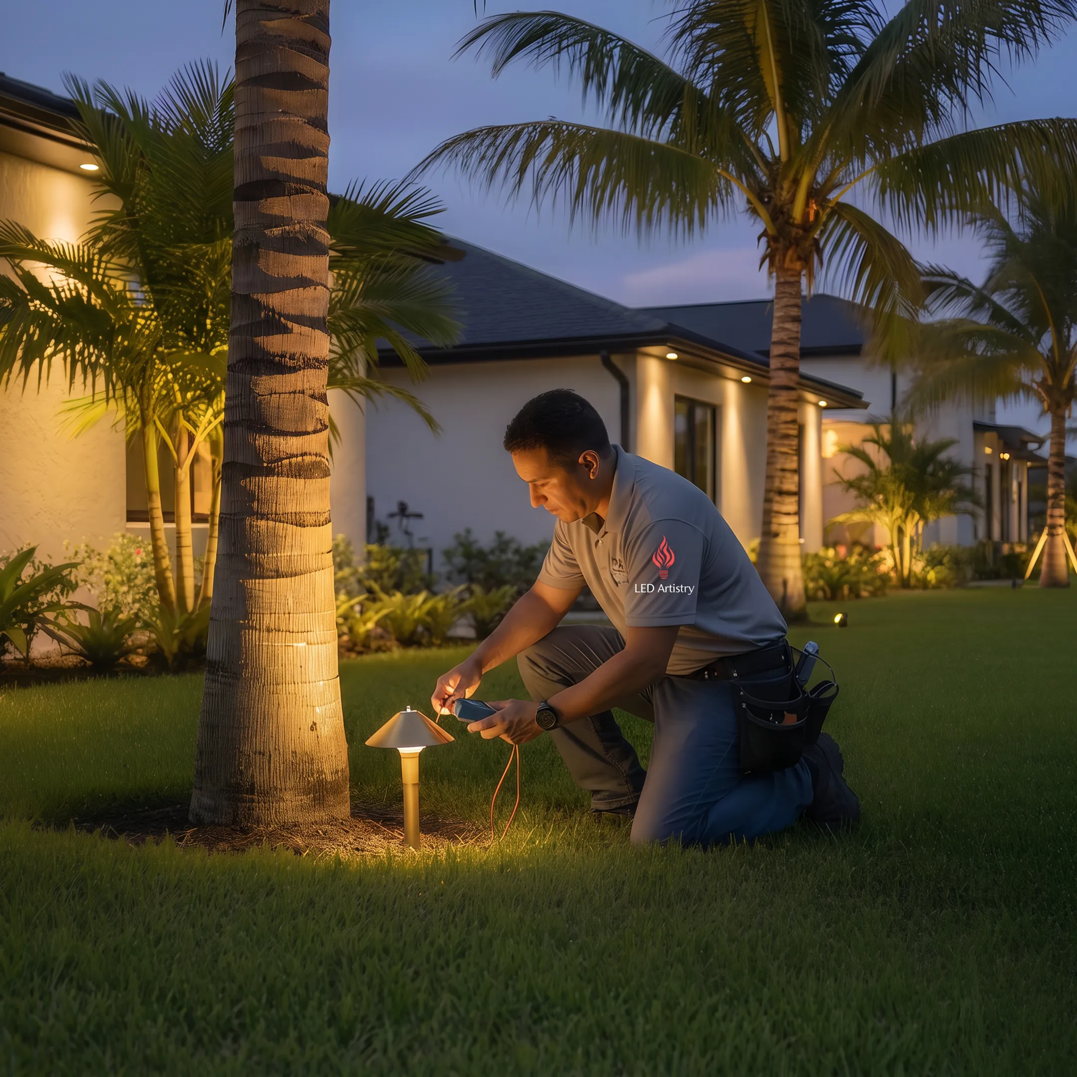 Technician installing low-voltage landscape lighting