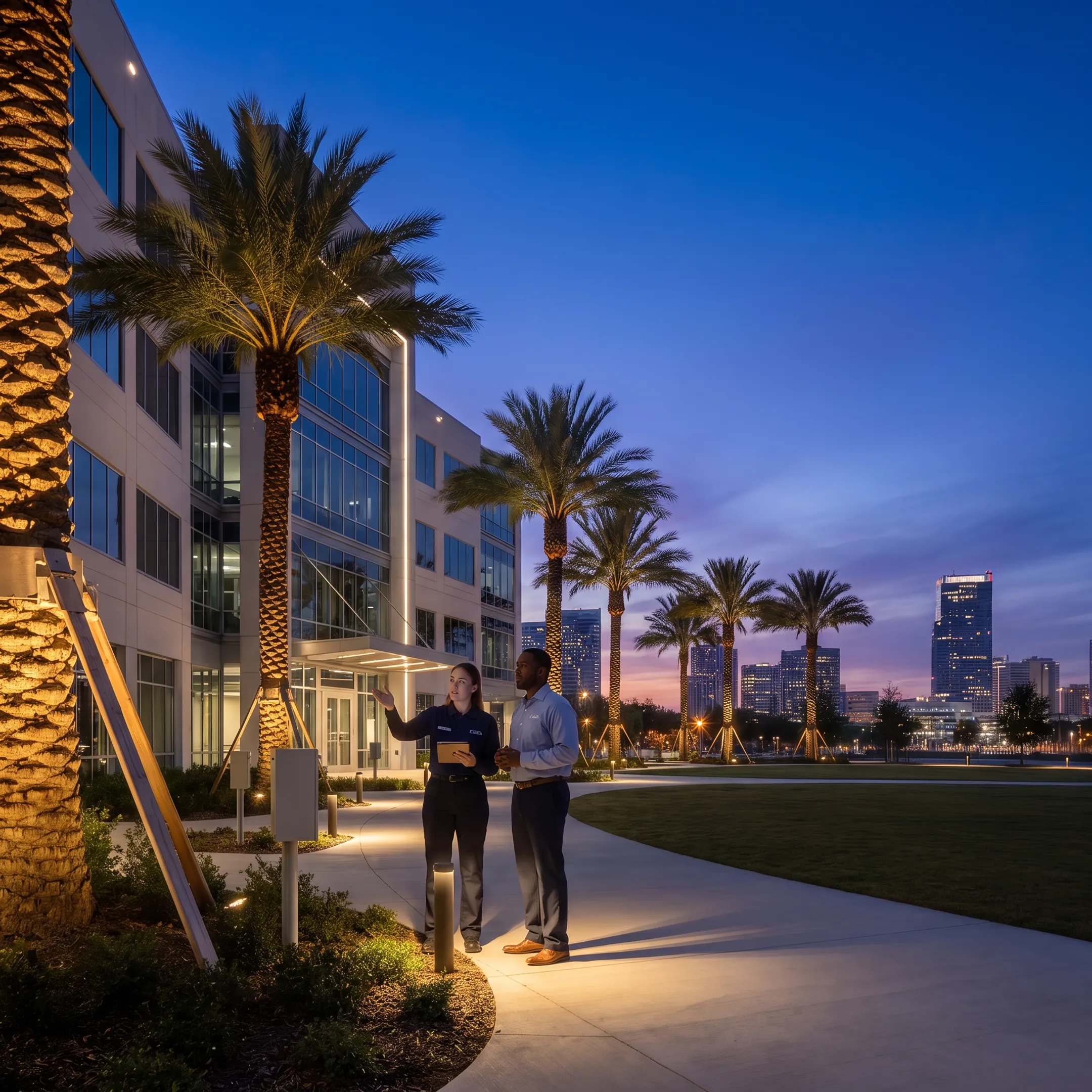 Lighting designer reviewing a commercial exterior at night