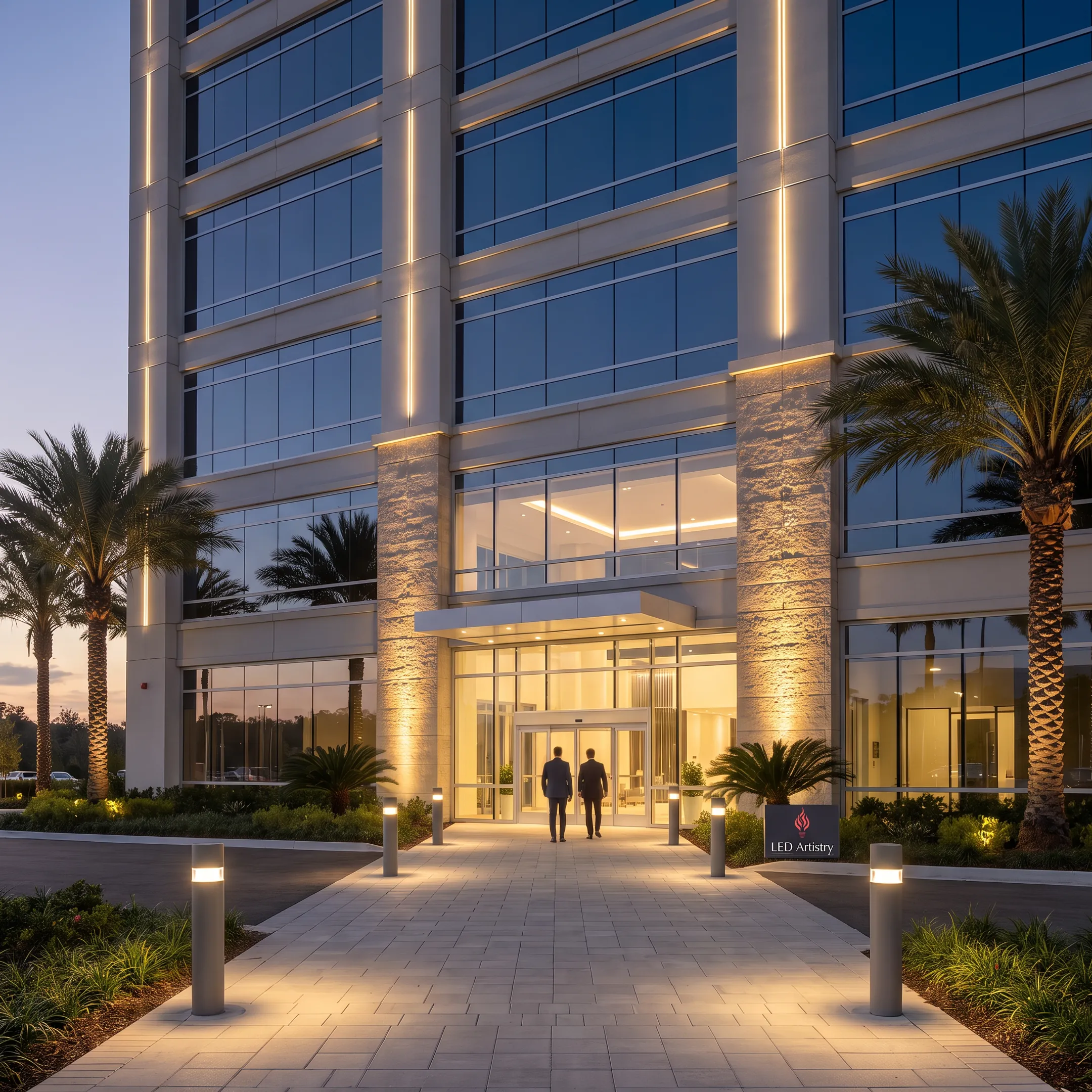 Illuminated commercial building exterior at night