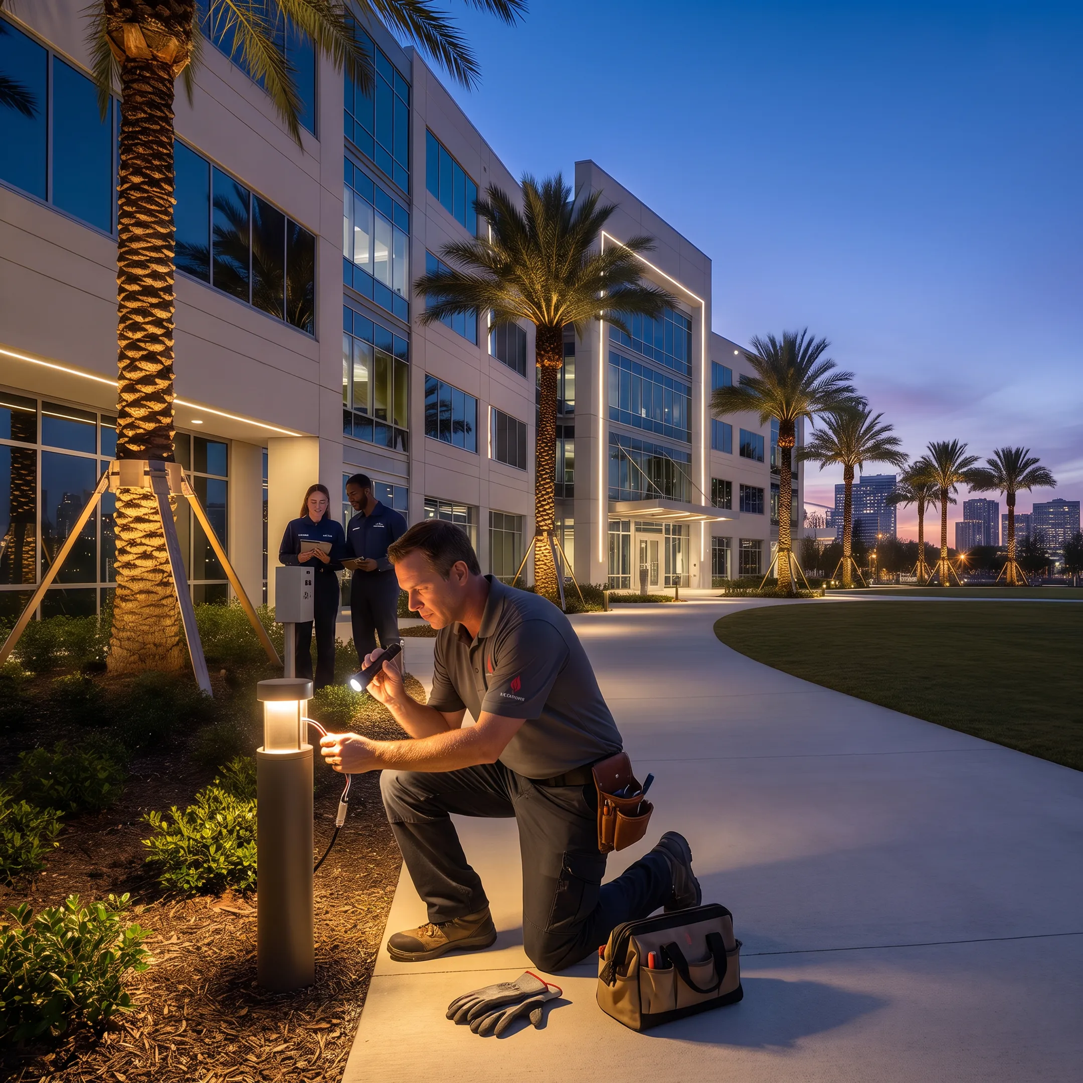 Technician servicing commercial outdoor LED lighting